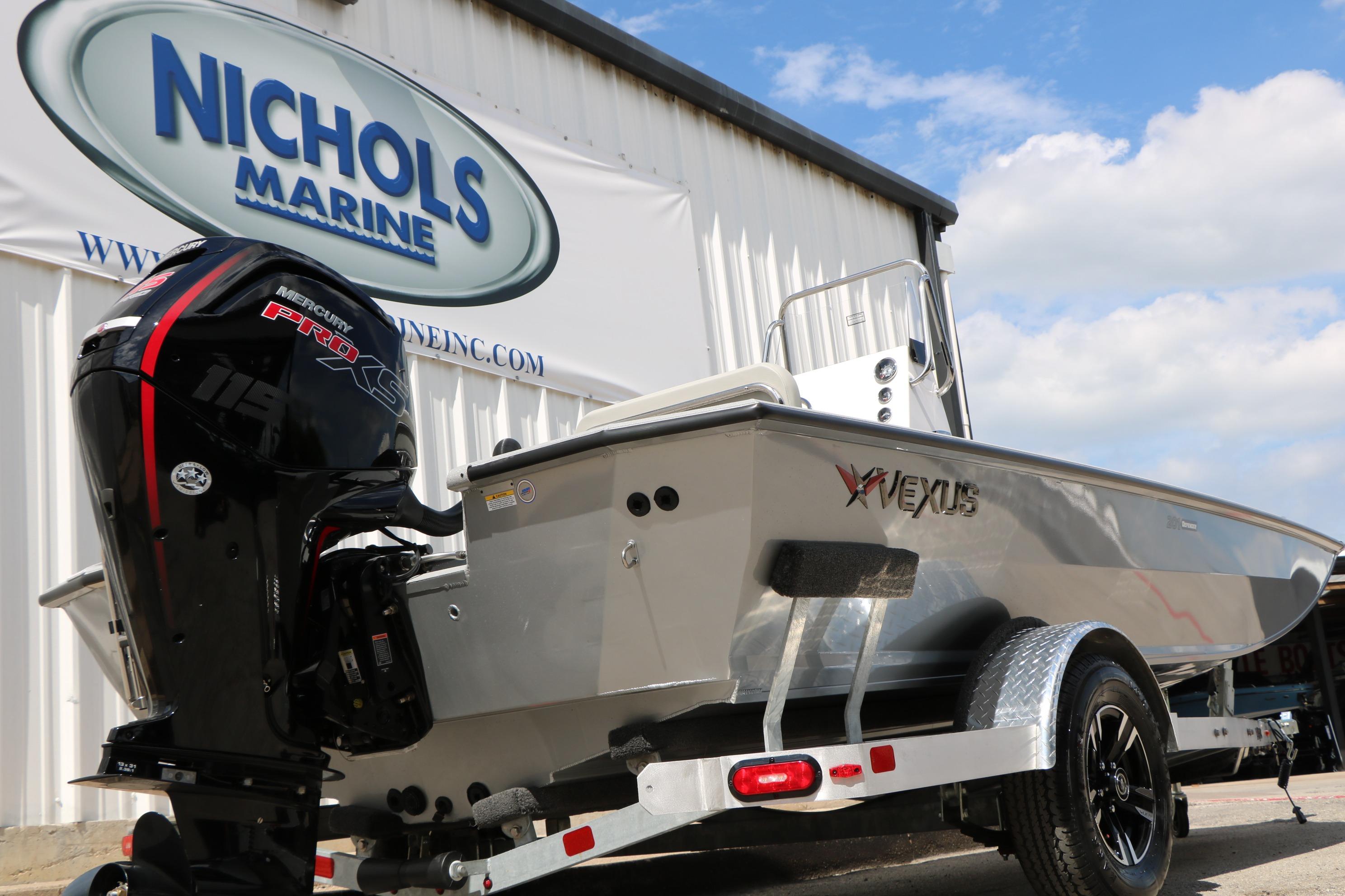 2026 Vexus Defender 201 boat at Nichols Marine dealership with Mercury Pro XS engine.
