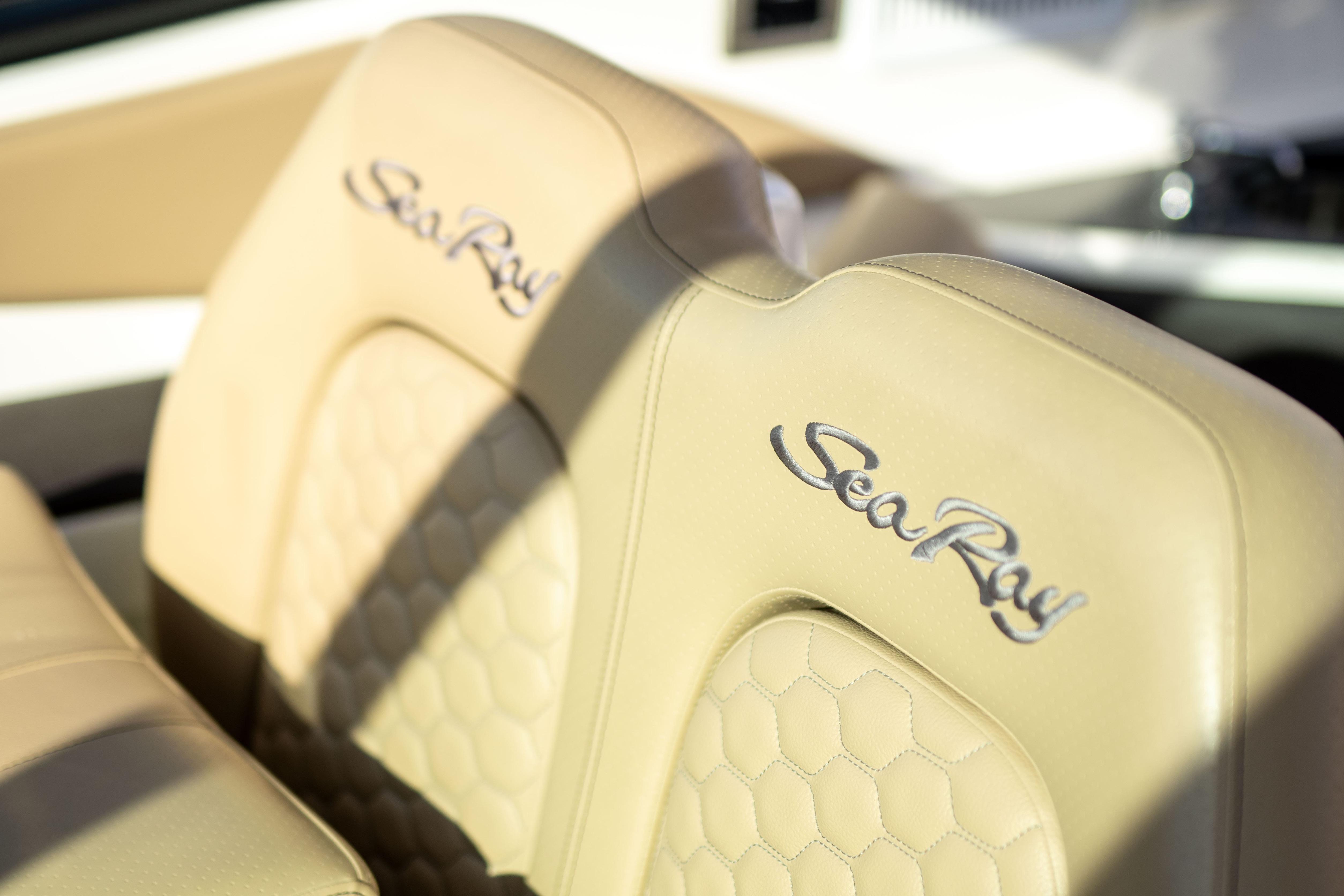 Luxurious beige seating on 2022 Sea Ray Sundancer 320 boat.