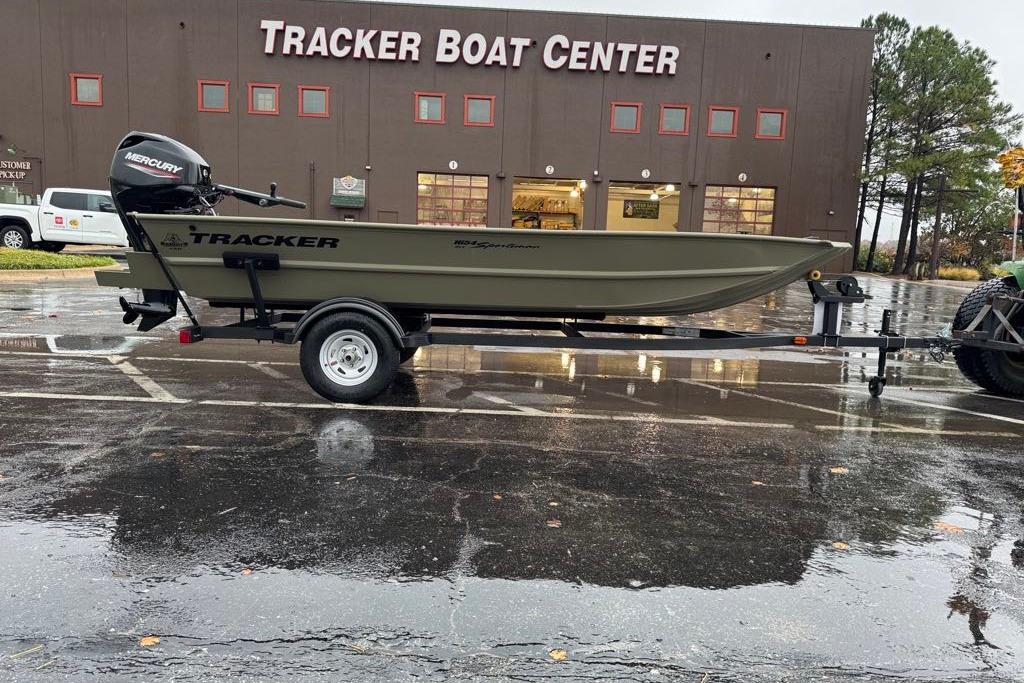 2026 Tracker Grizzly 1654 T Sportsman boat on trailer at Tracker Boat Center.