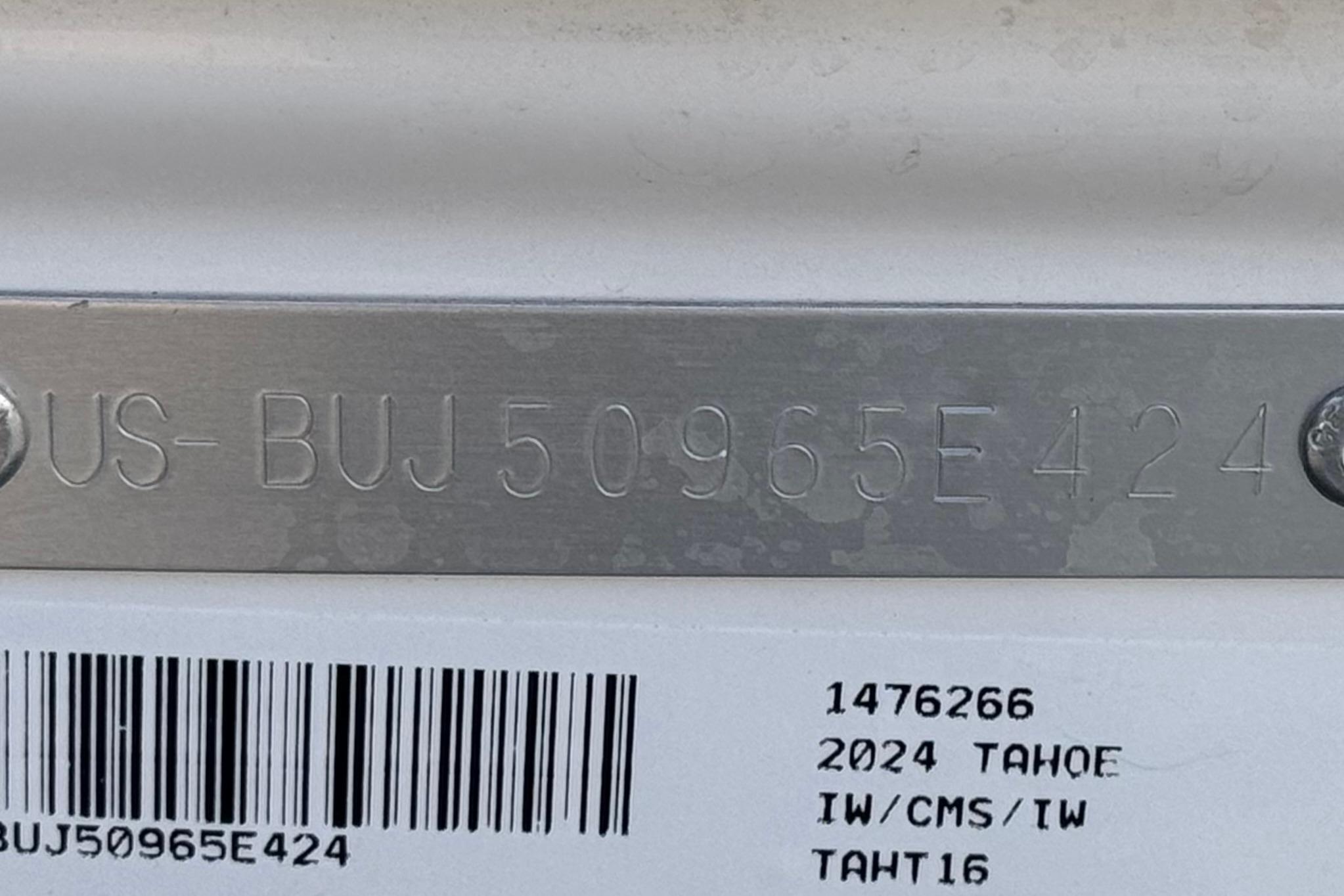 2024 Tahoe T16 identification plate with serial number and barcode.