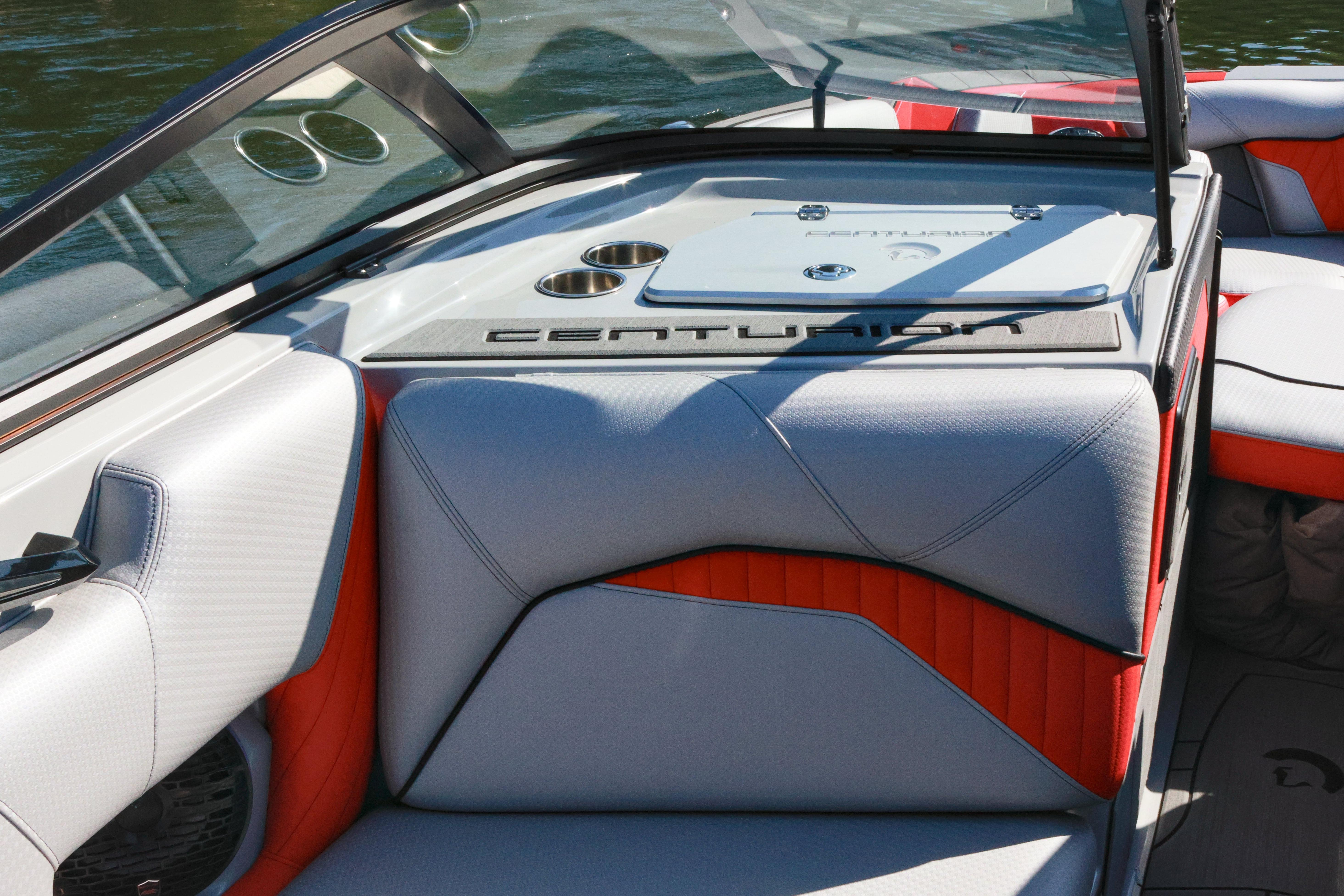 2024 Centurion Fi23 boat interior with stylish seating and cup holders.