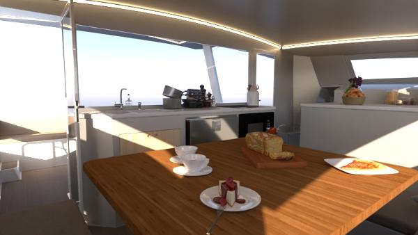 Modern kitchen interior of 2024 Catamaran Cruisers Power Cat with wooden dining table.