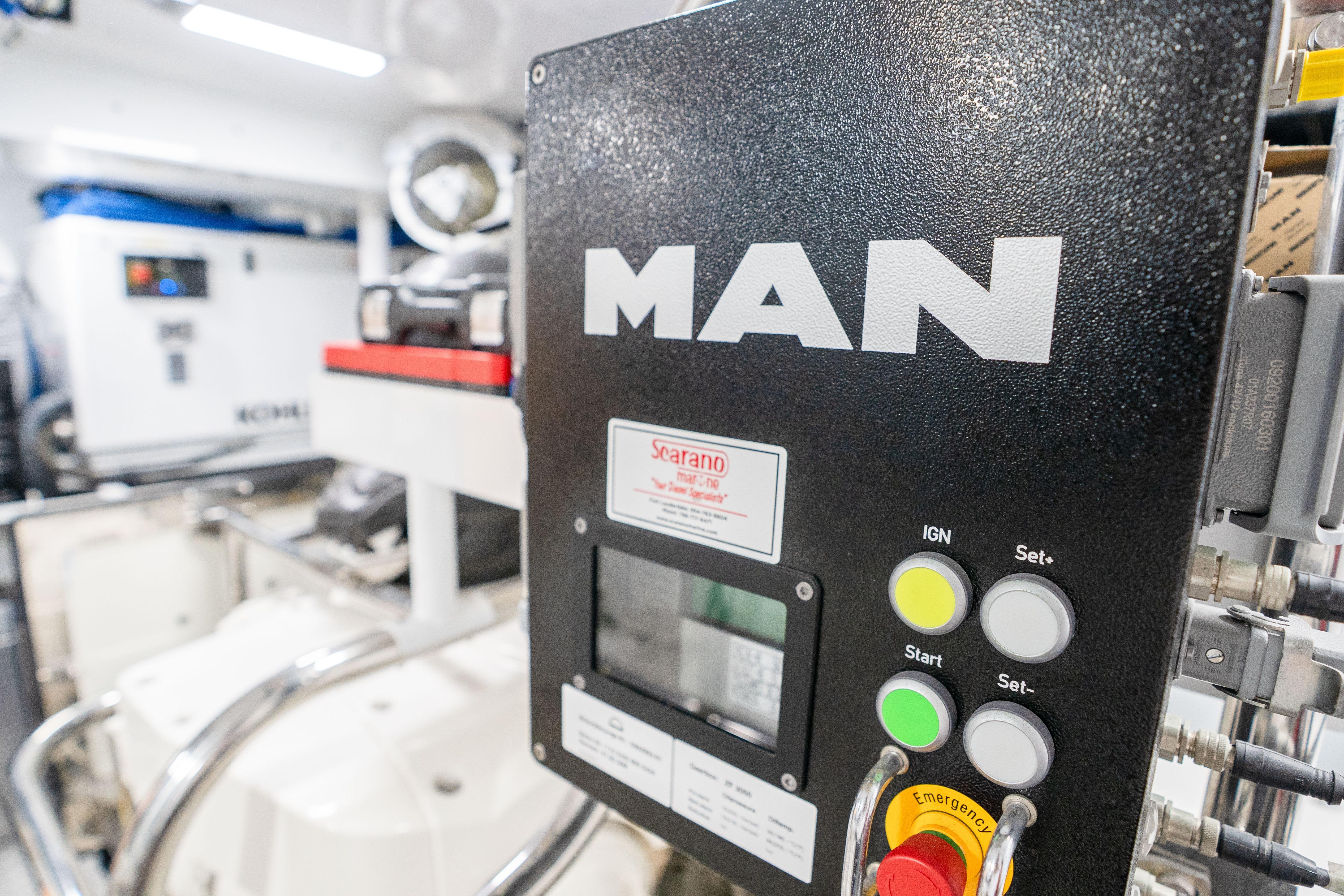 Engine room of 2020 Princess Y85 yacht featuring MAN control panel.