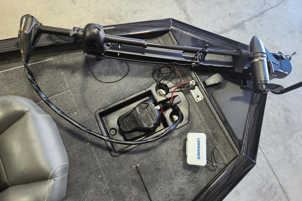 2026 Tracker Pro Team 175 boat deck with trolling motor and Lowrance equipment.