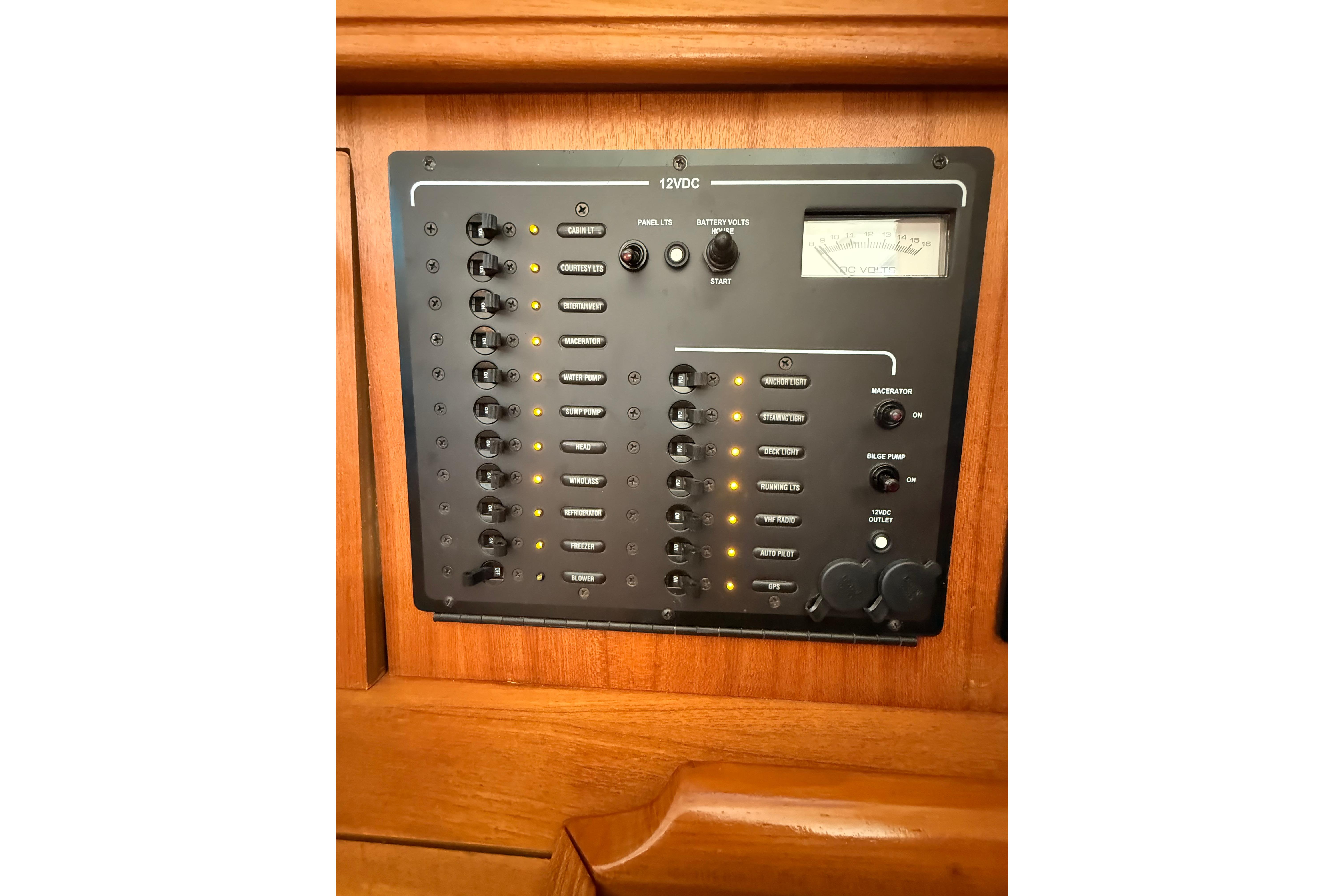 Electrical control panel on a 2007 Hunter 41 Deck Salon yacht.