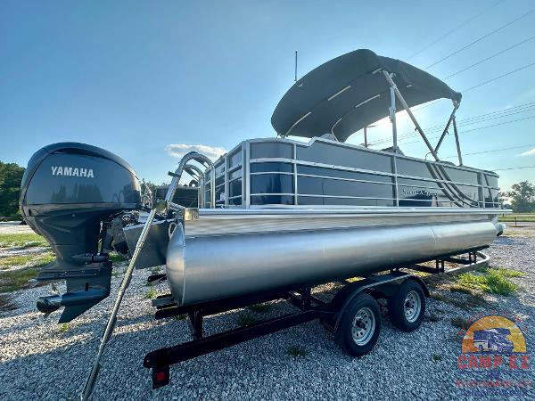 2025 South Bay 224FCR LE pontoon boat with Yamaha outboard motor on a trailer.