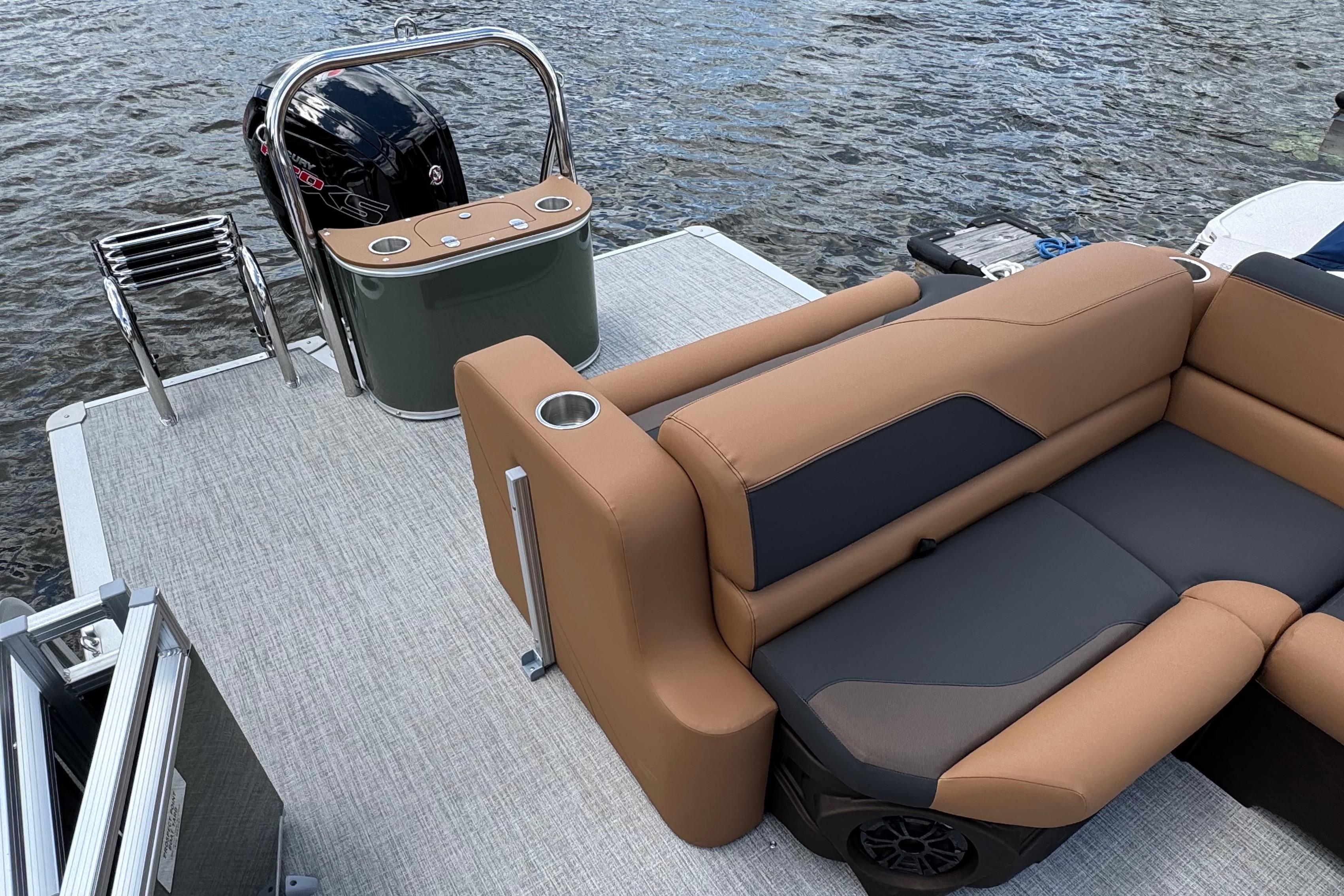 2026 Tahoe Pontoon Sport 85 Cruise Rear Bench 23 with tan seating on water.