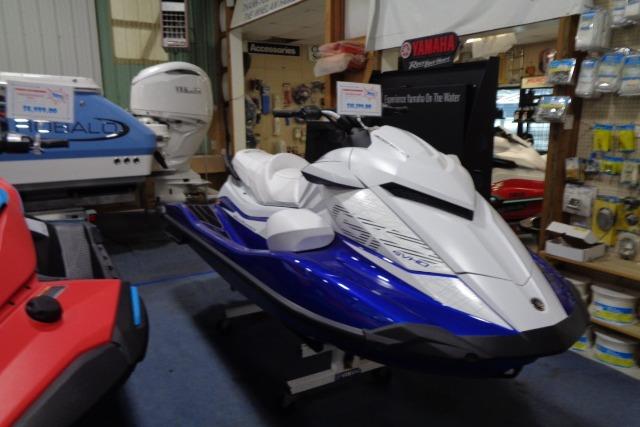 2025 Yamaha WaveRunner GP1800R SVHO in showroom, blue and white design.
