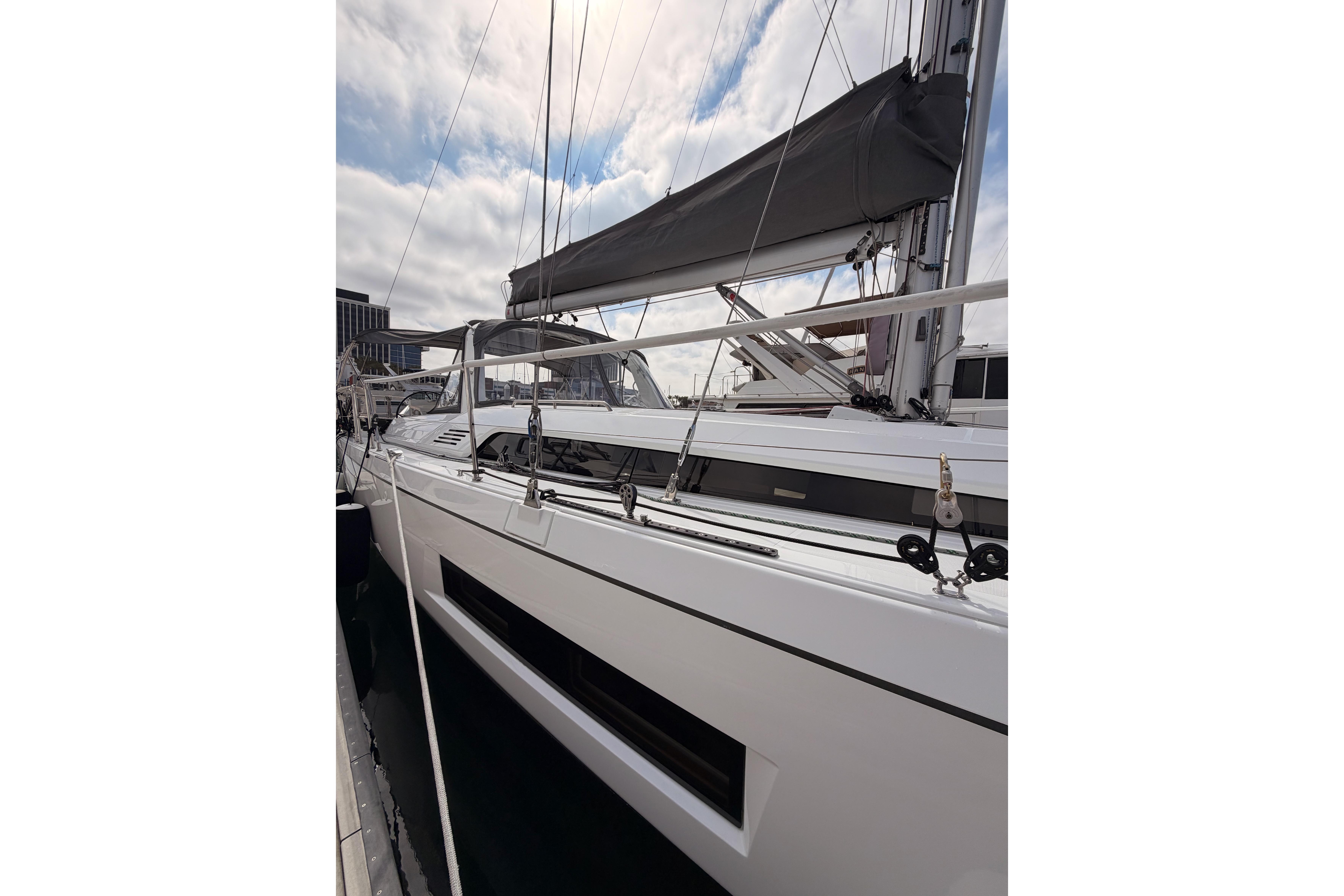 2020 Beneteau Oceanis 46.1 sailboat docked, showcasing sleek design and modern rigging.