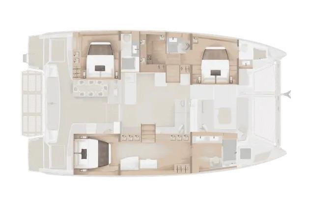 Floor plan of a 2027 Lagoon 47 catamaran, showcasing spacious cabins and modern layout.