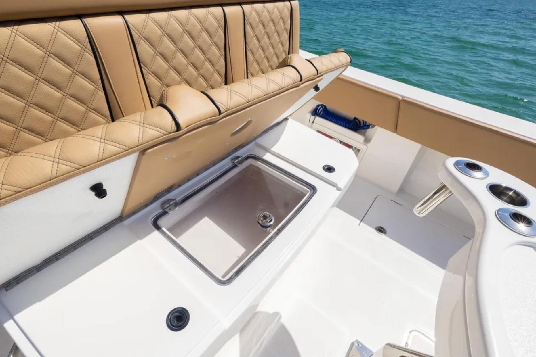 2025 Blackwater 41 Performance Fish boat interior with tan seating and fishing amenities.
