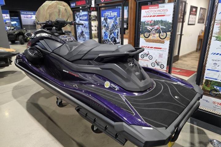 2026 Yamaha WaveRunner GP HO in showroom, sleek design, purple and black color scheme.