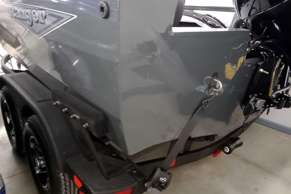 2026 Ranger VX1888 WT boat on trailer, showcasing rear and motor details.