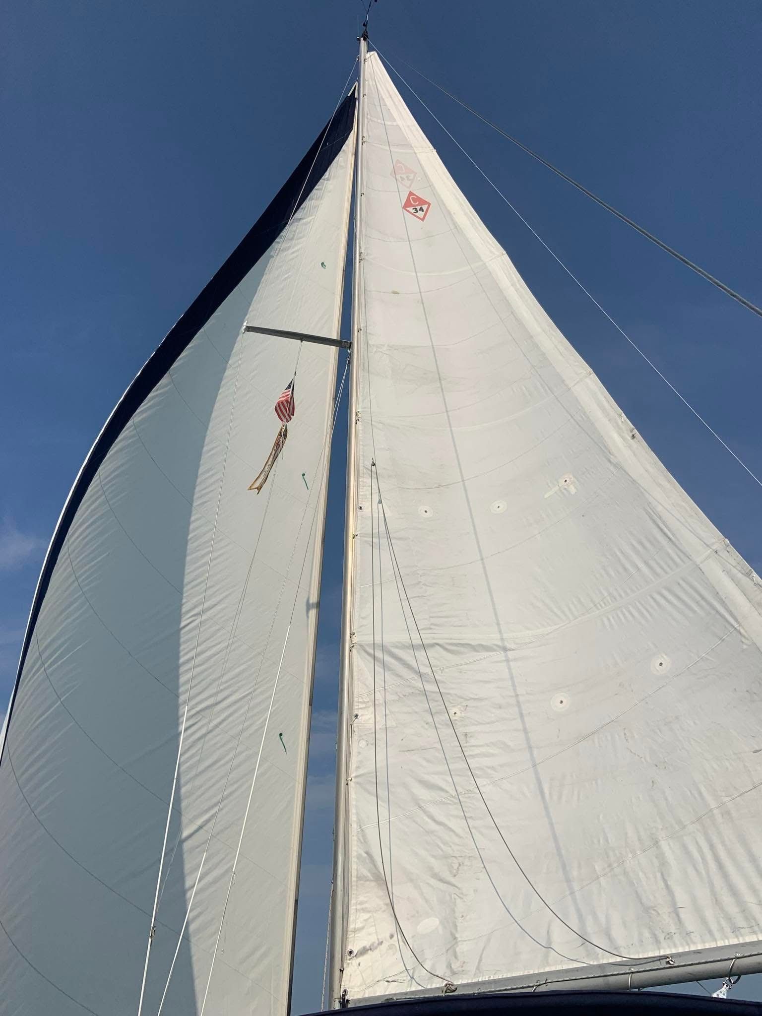 The image shows the sail of a 1989 Catalina 34 against a blue sky.