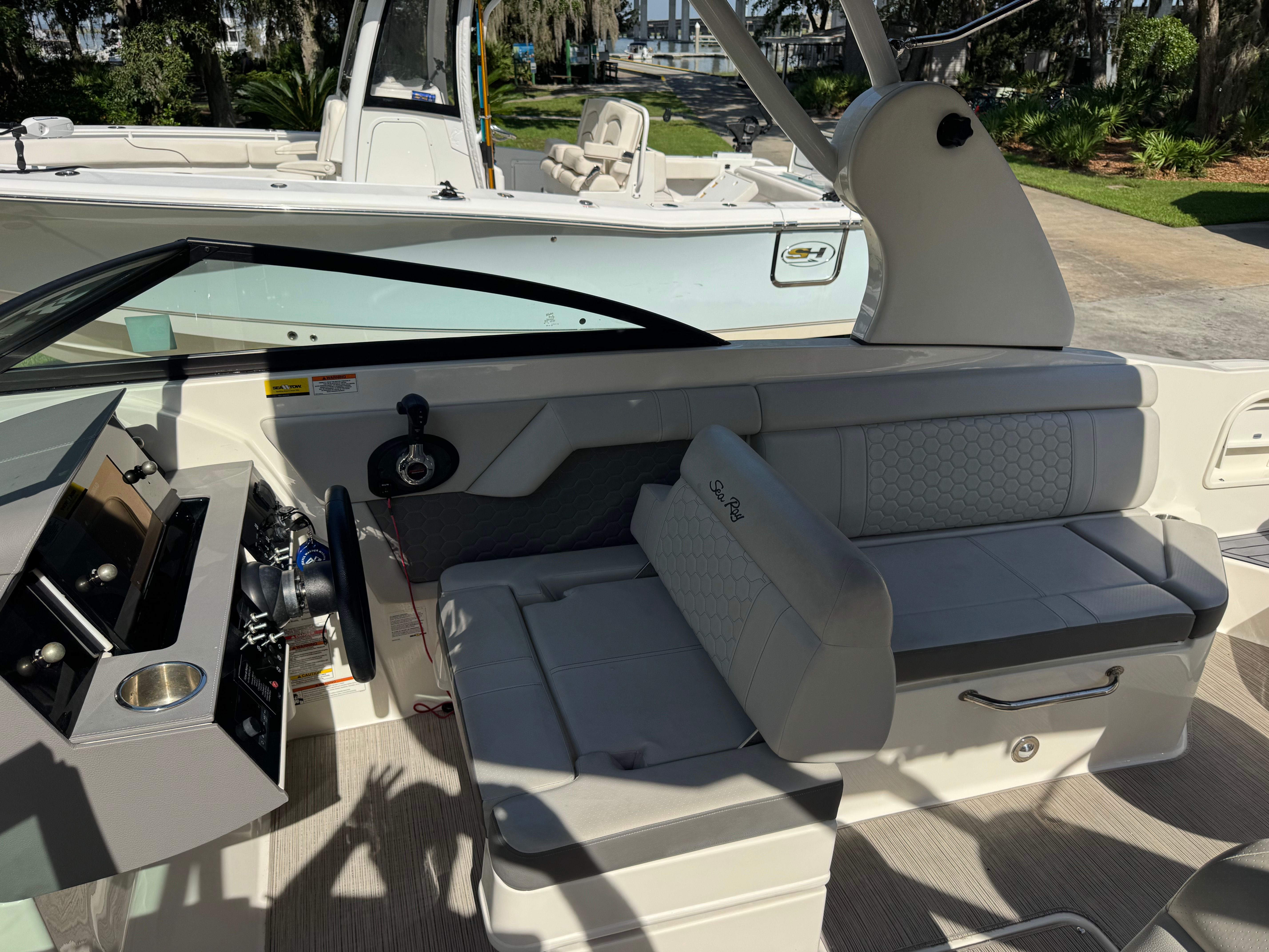 Interior of 2020 Sea Ray SDX 270 Outboard with seating area.