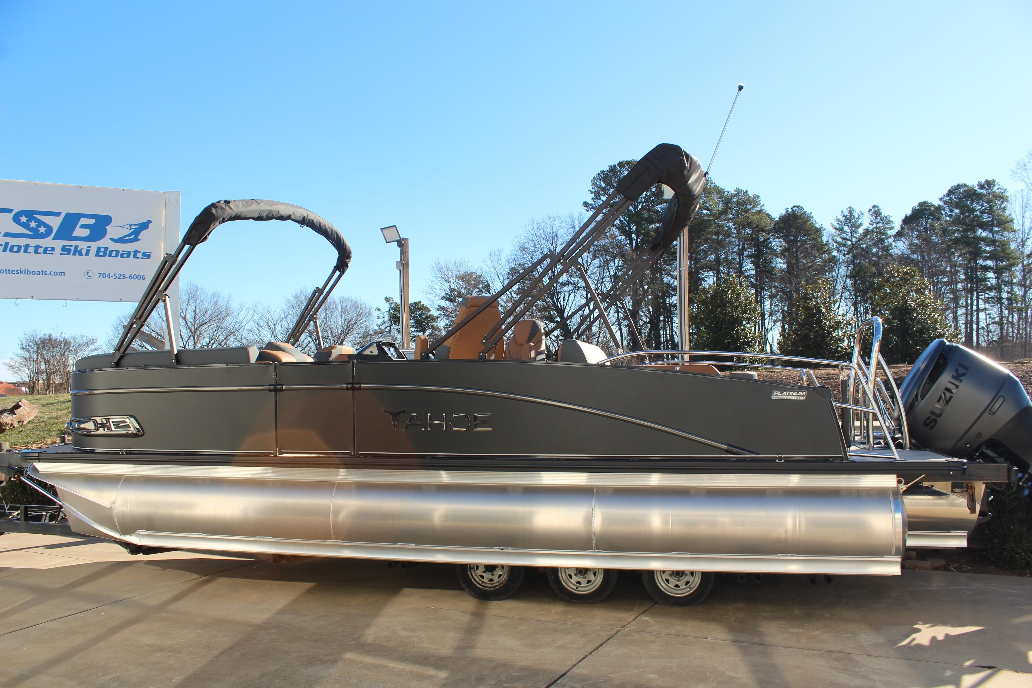 2026 Tahoe Pontoon Cascade Versatile Rear Bench boat displayed outdoors.
