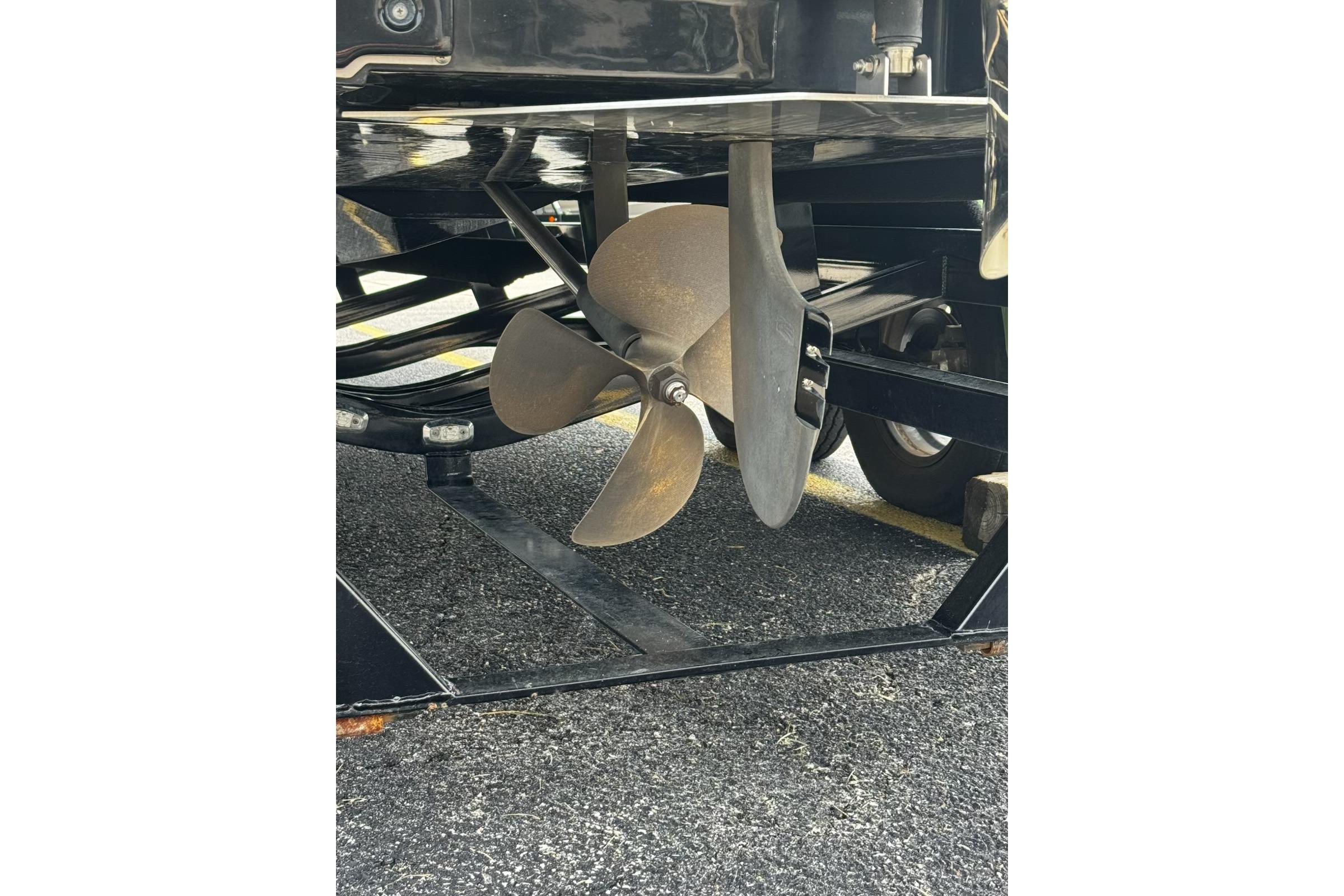 Propeller of 2014 Nautique Super Air Nautique G21 boat on trailer.