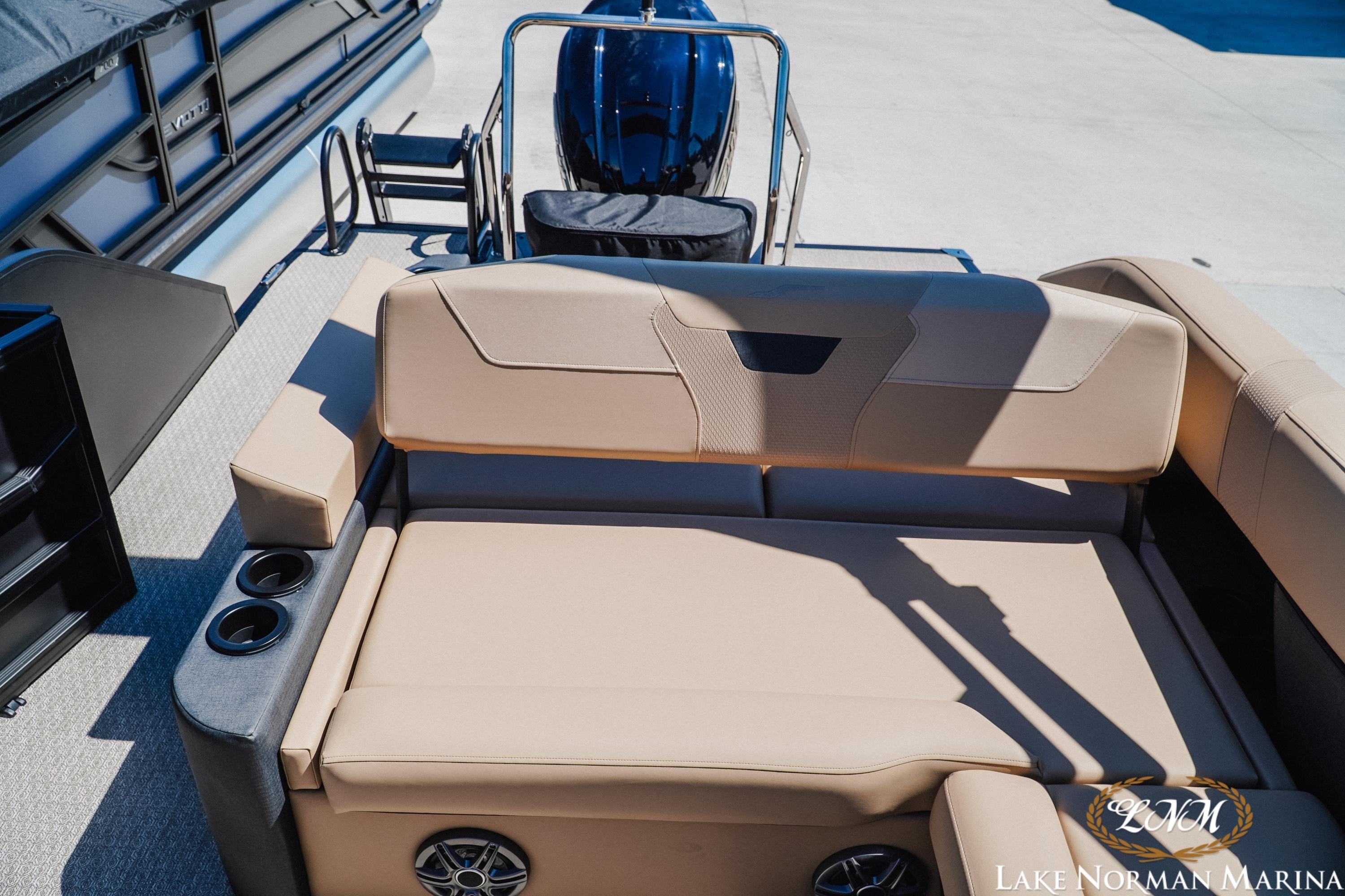 Luxurious seating on 2026 Evotti 523CS boat at Lake Norman Marina.