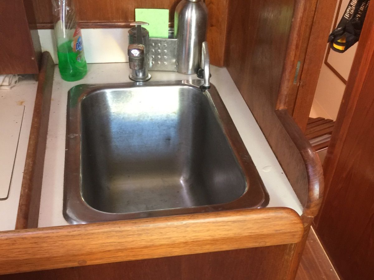 Galley sink on a 1986 Hinterhoeller Nonsuch 30U sailboat.