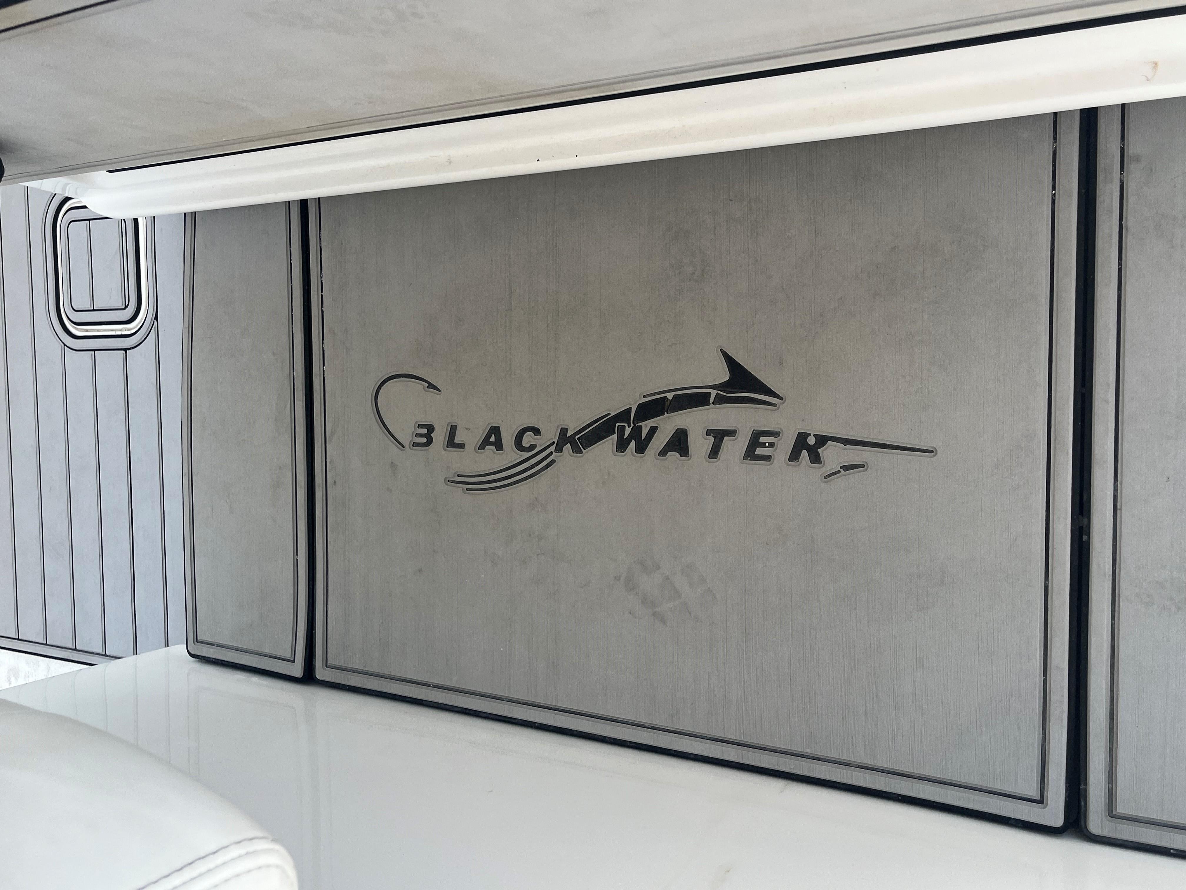 Blackwater 43 boat interior, 2018 model, featuring sleek design and logo.