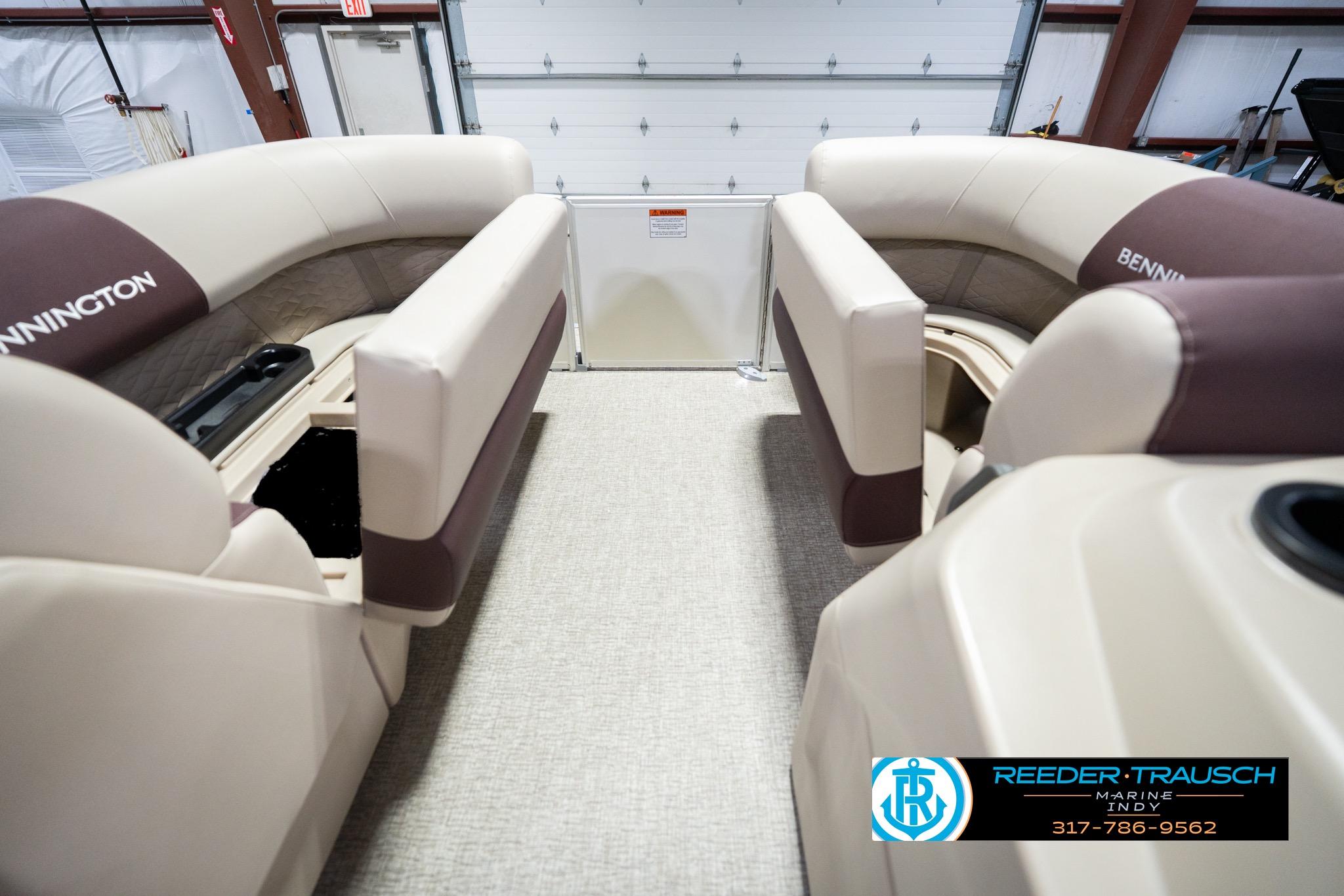 Interior view of 2026 Bennington 188 SLJ pontoon boat with beige seating.