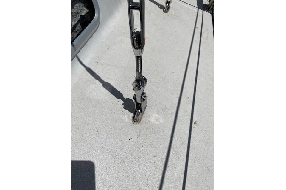 Close-up of a 1988 Caliber 38 sailboat deck with rigging hardware.