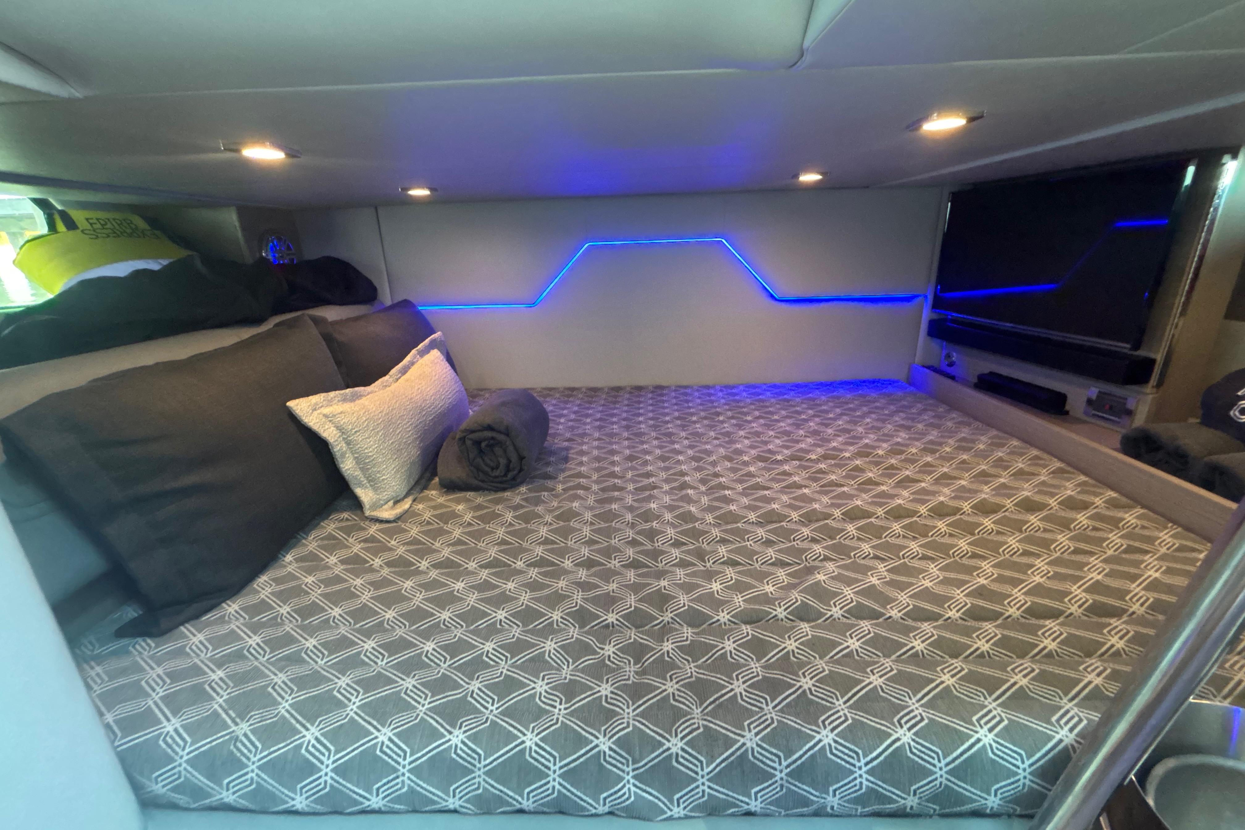 2019 Formula 430 Super Sport Crossover cabin with modern bedding and ambient lighting.