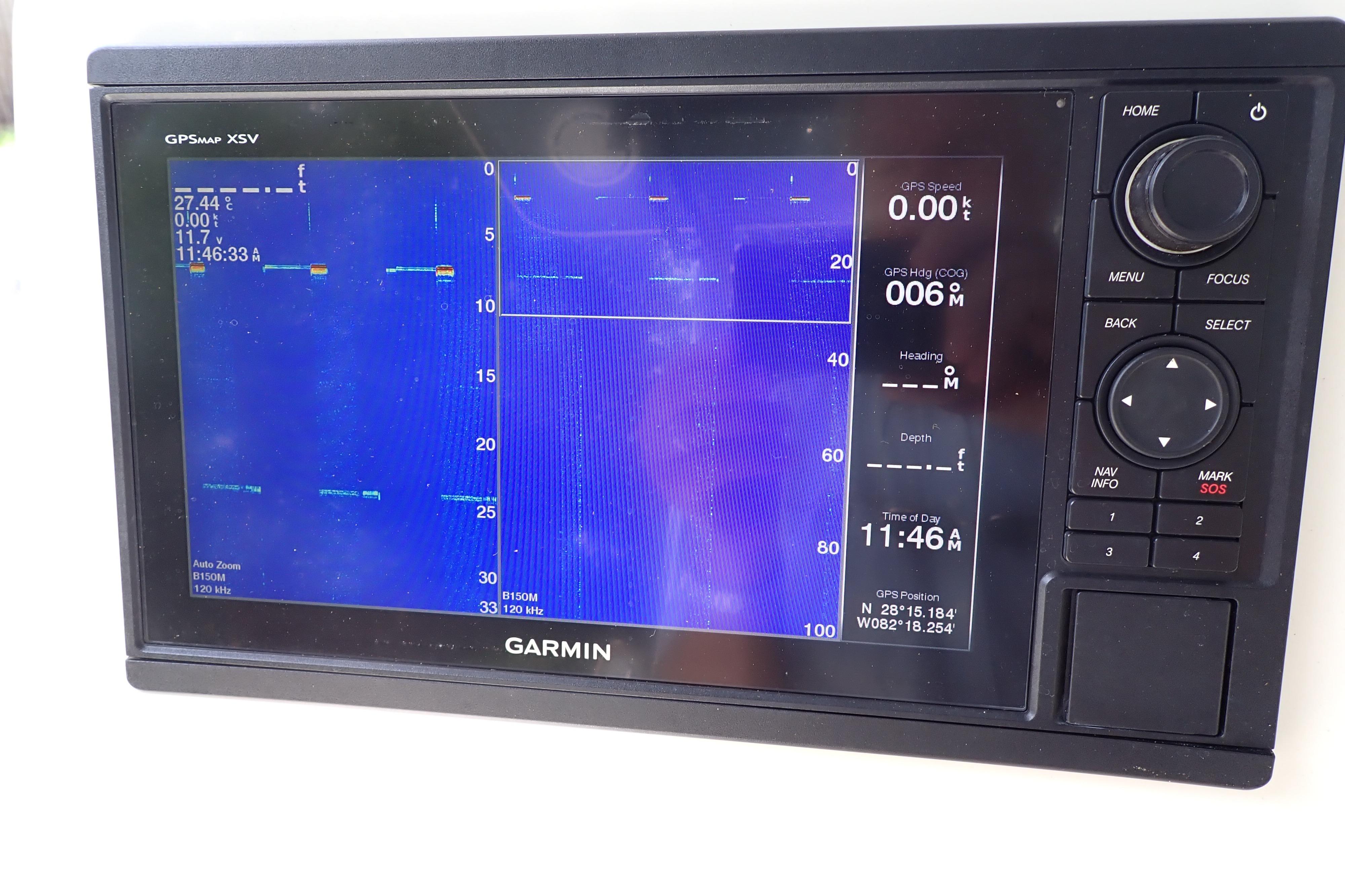 Garmin GPS display on 2019 Key West 263 FS boat, showing navigation and depth data.