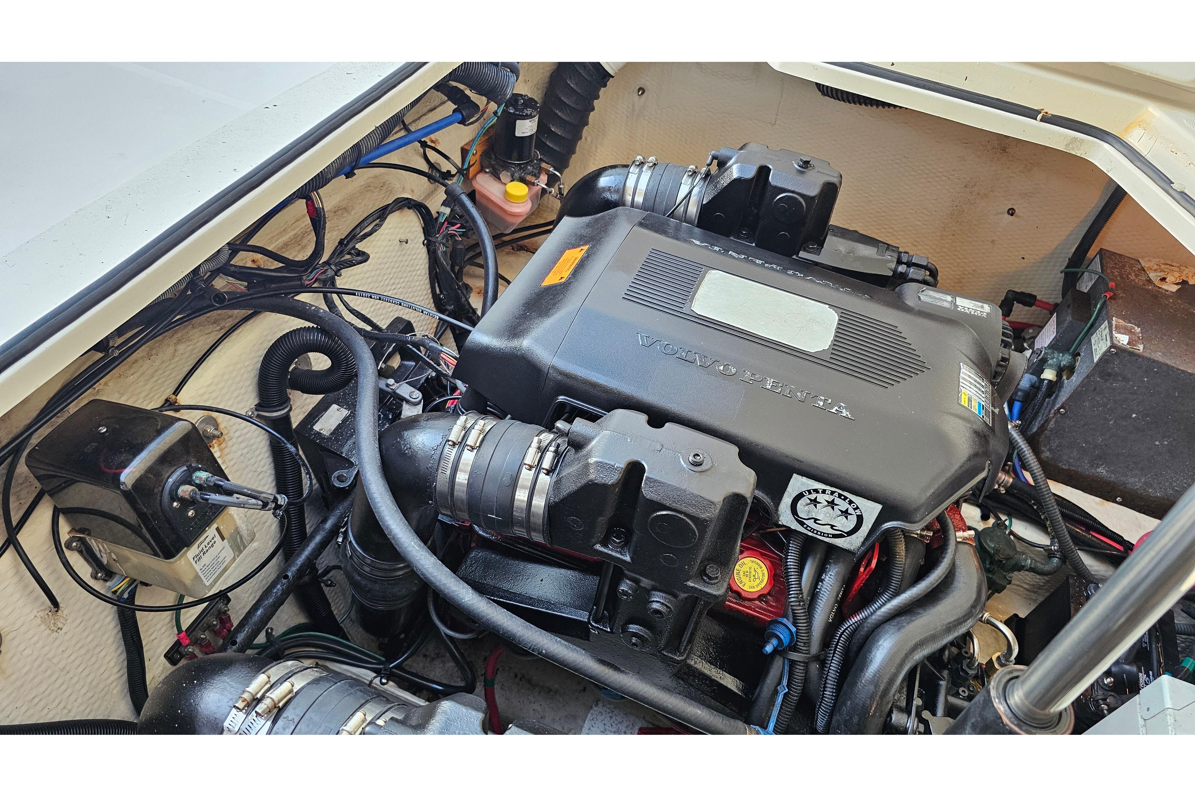 Engine compartment of a 2005 Regal 3060 Window Express boat with Volvo Penta engine.