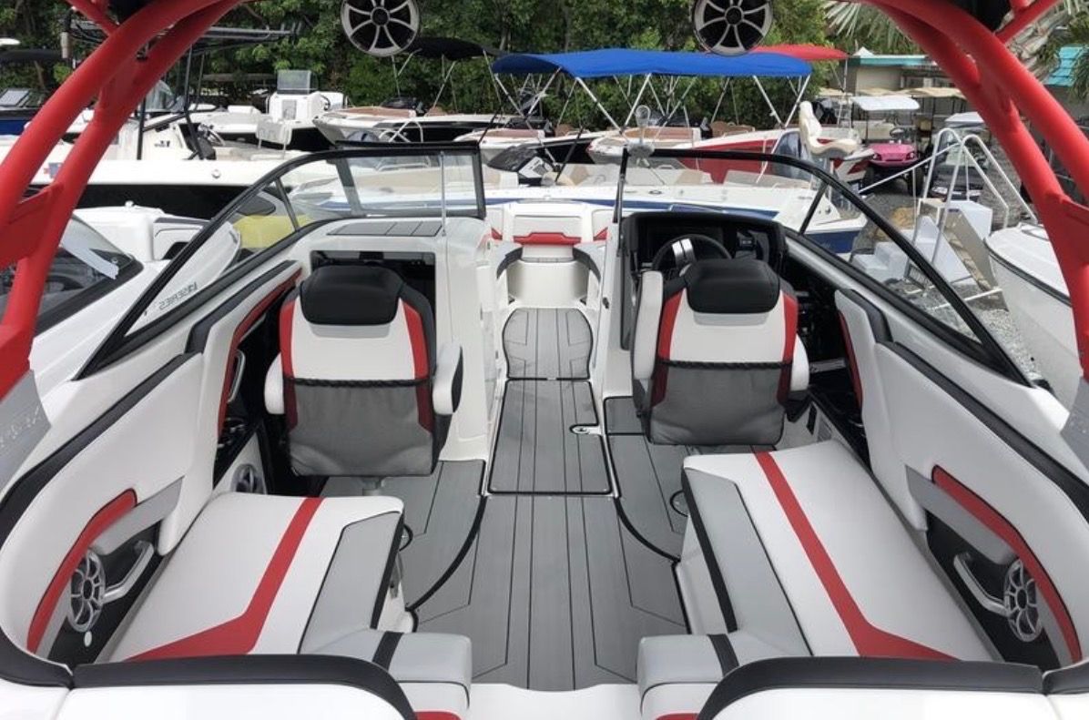 Interior of a 2020 Yamaha AR242X boat with modern seating.