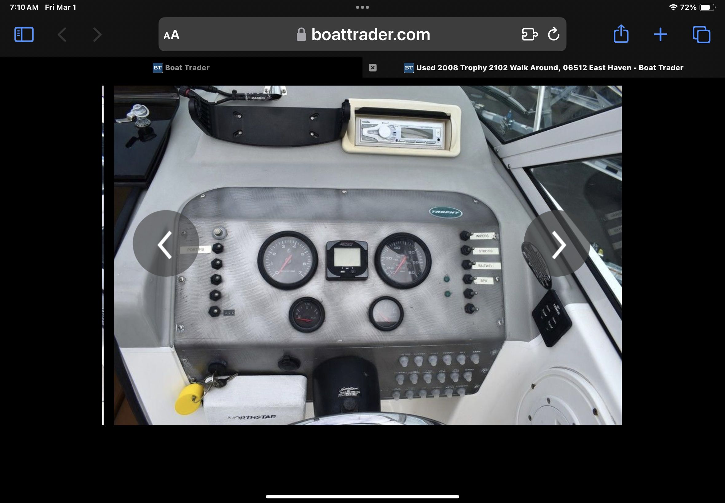 Dashboard of a 2008 Trophy 22 WA boat with instruments.