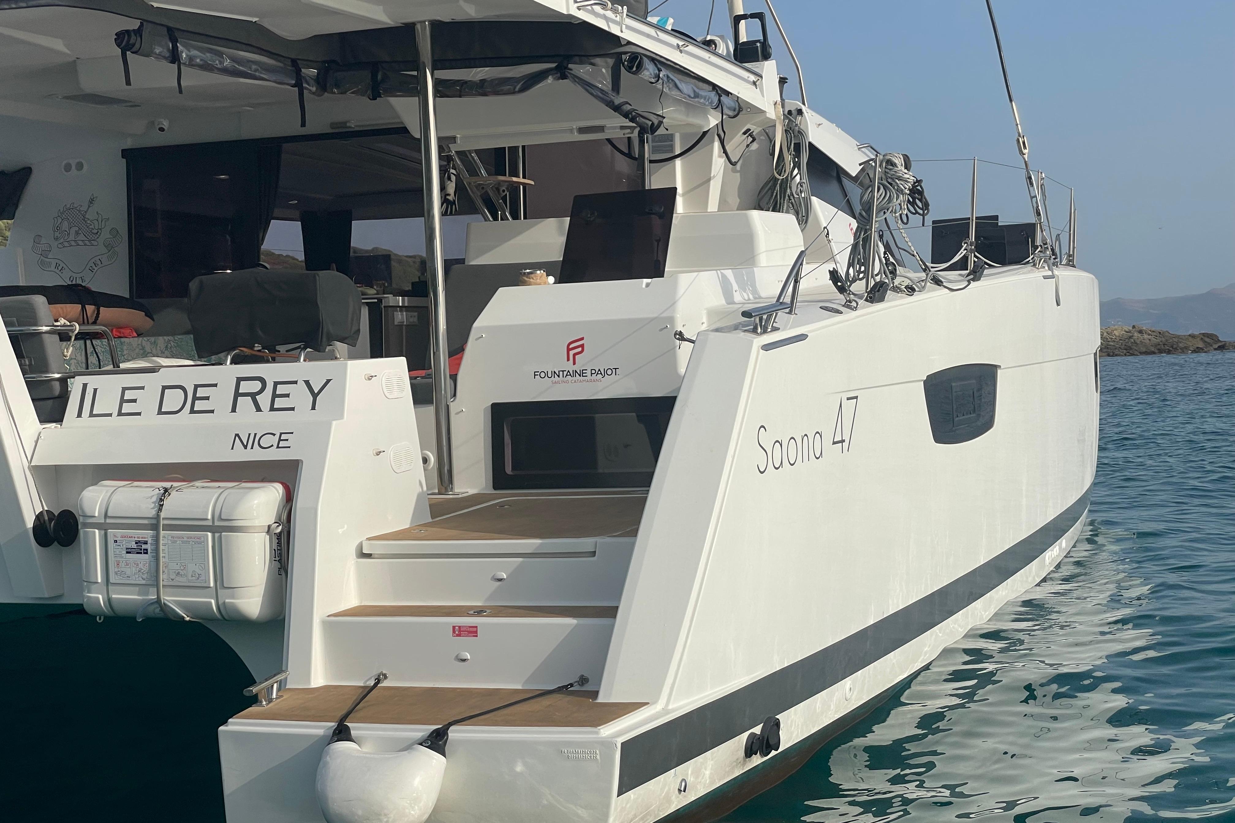 Fountaine Pajot Saona 47 catamaran, 2020 model, docked in clear blue waters.