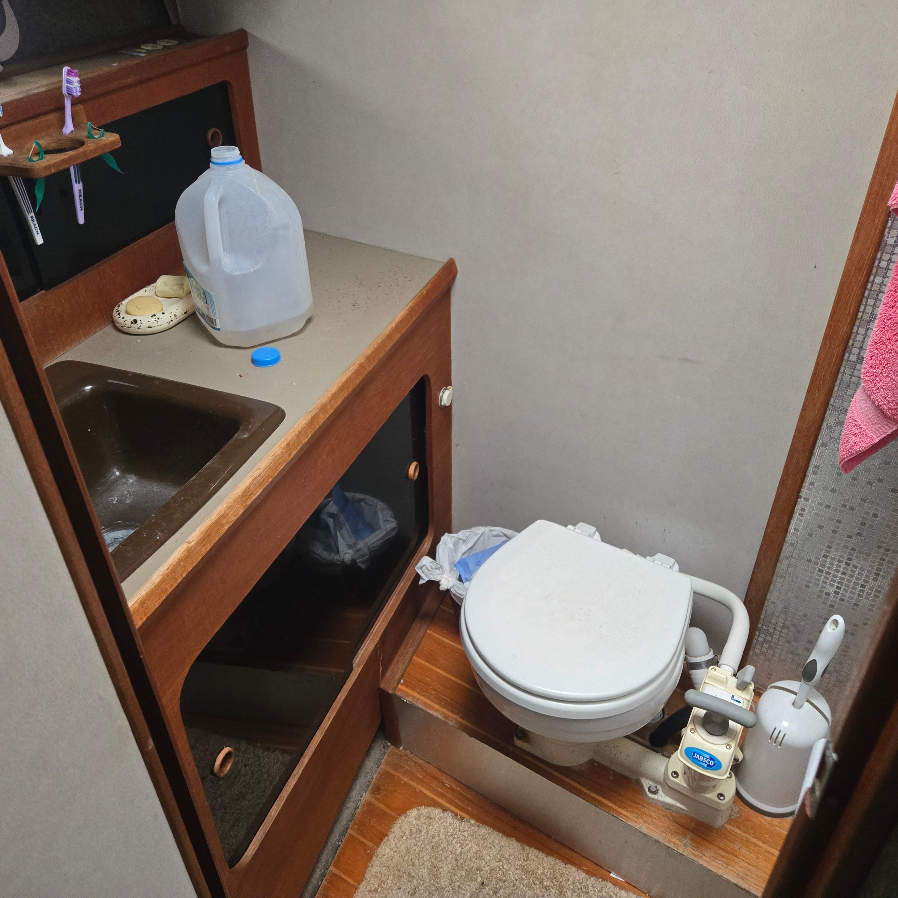 Interior of 1984 Bayliner 3870 Motoryacht with toilet and sink.