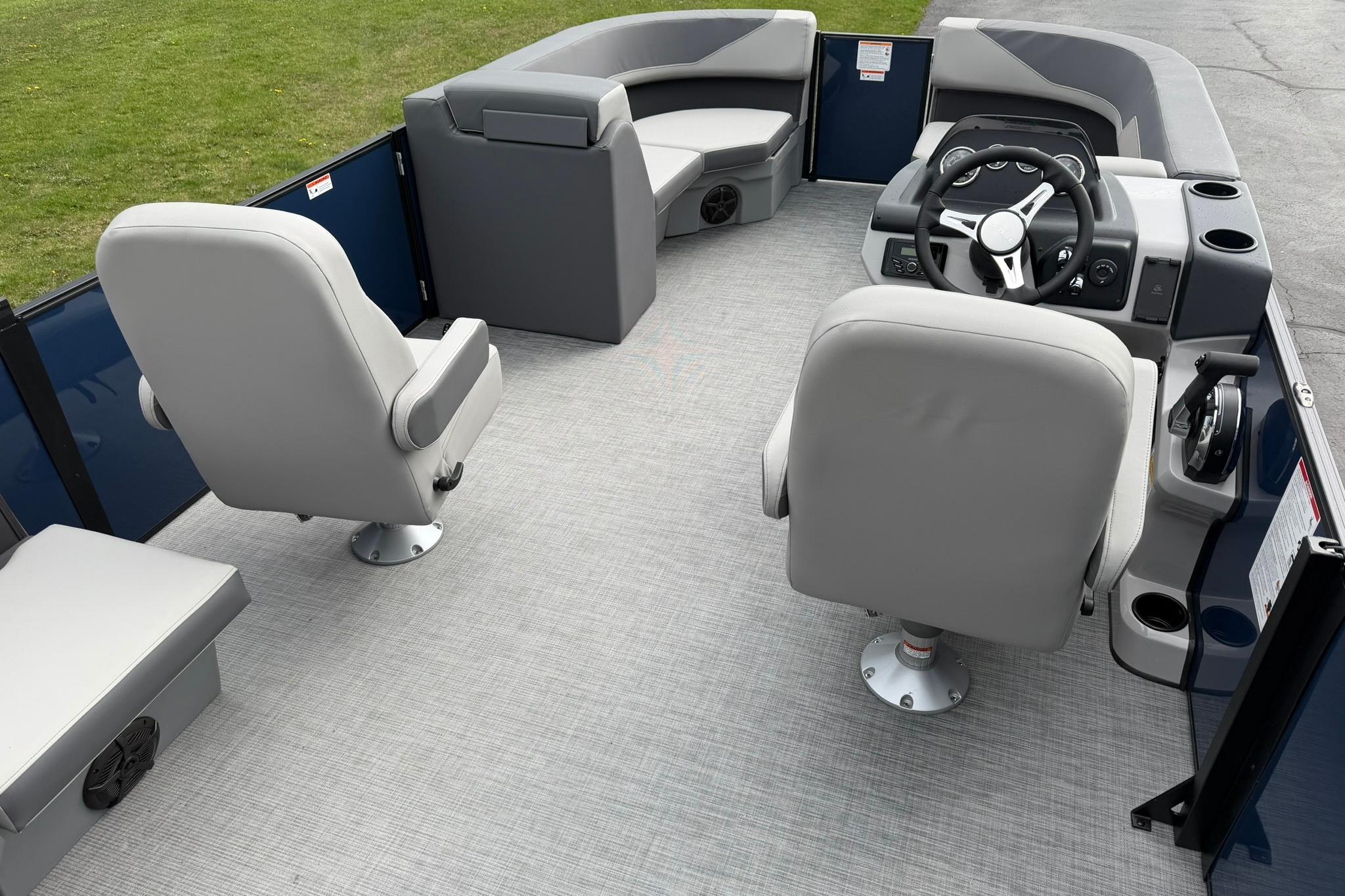 2026 Lowe LS 190 boat interior with gray seating and modern steering console.