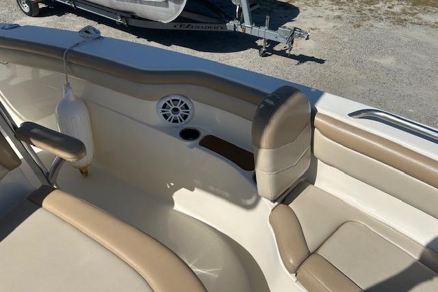 2022 Scout 215 XSF boat interior with beige seating and speaker detail.