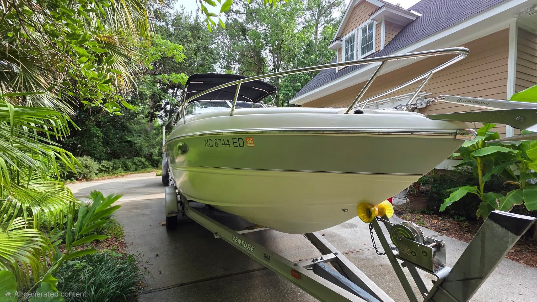 A 2006 Stingray 250 CR boat on a trailer in a driveway.
