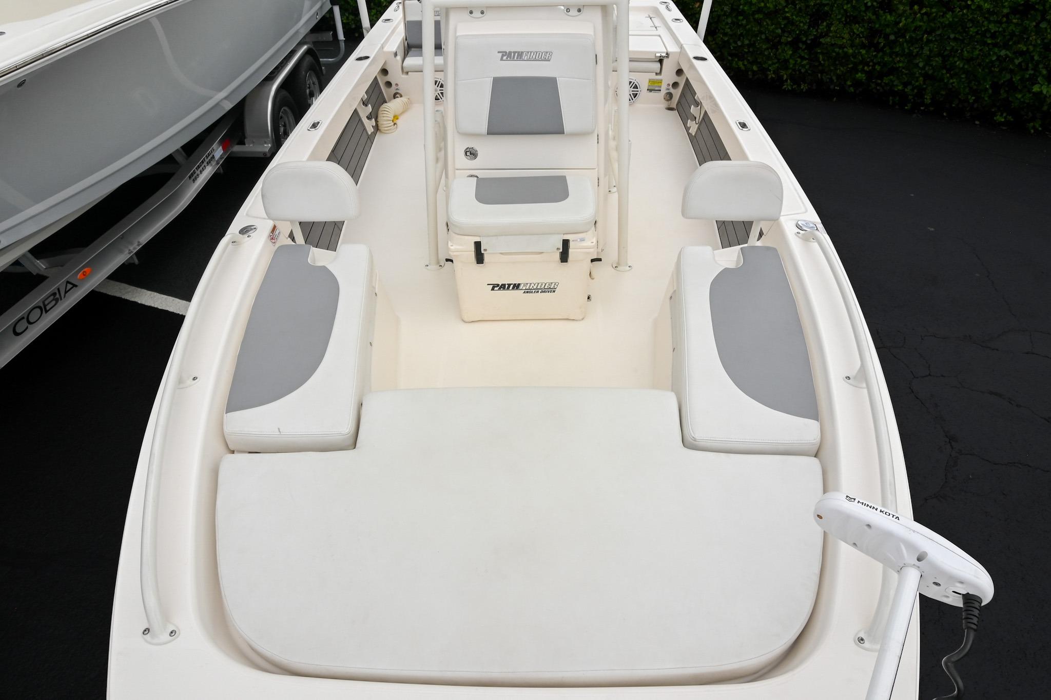 2021 Pathfinder 2200 TRS boat interior with seating and Minn Kota trolling motor.