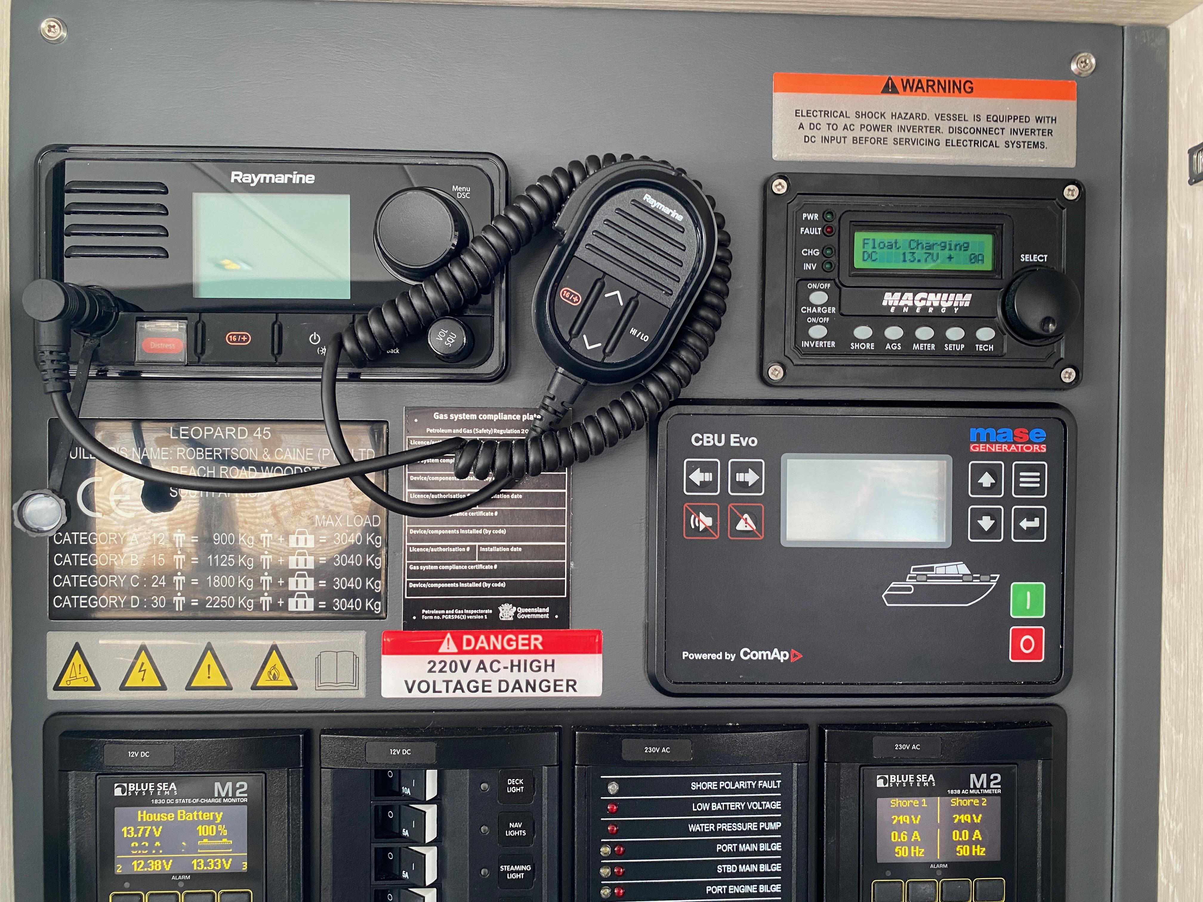 Control panel of a 2021 Leopard 45 yacht with navigation and electrical systems.