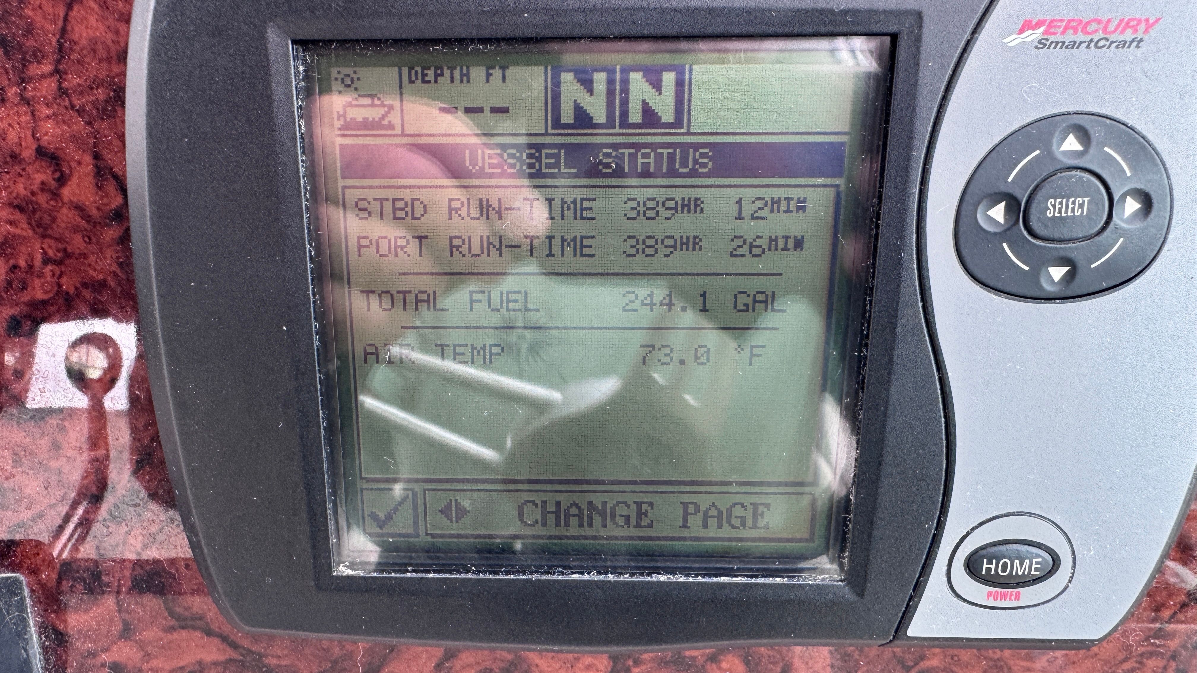 A screen displays the status of a 2003 Sea Ray 360 Sundancer boat.