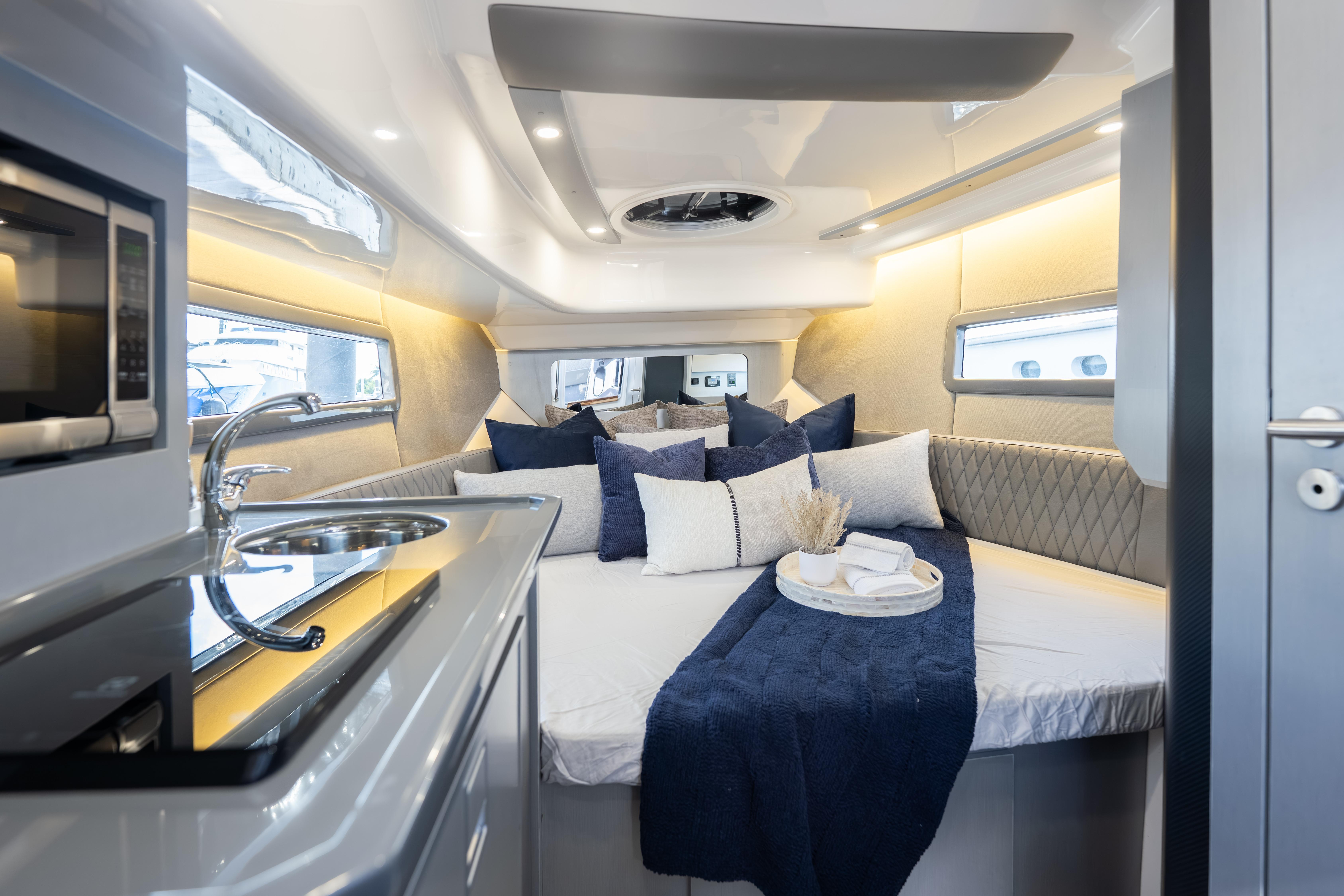 Luxurious interior of 2026 Hanover 347 yacht with modern amenities and elegant design.