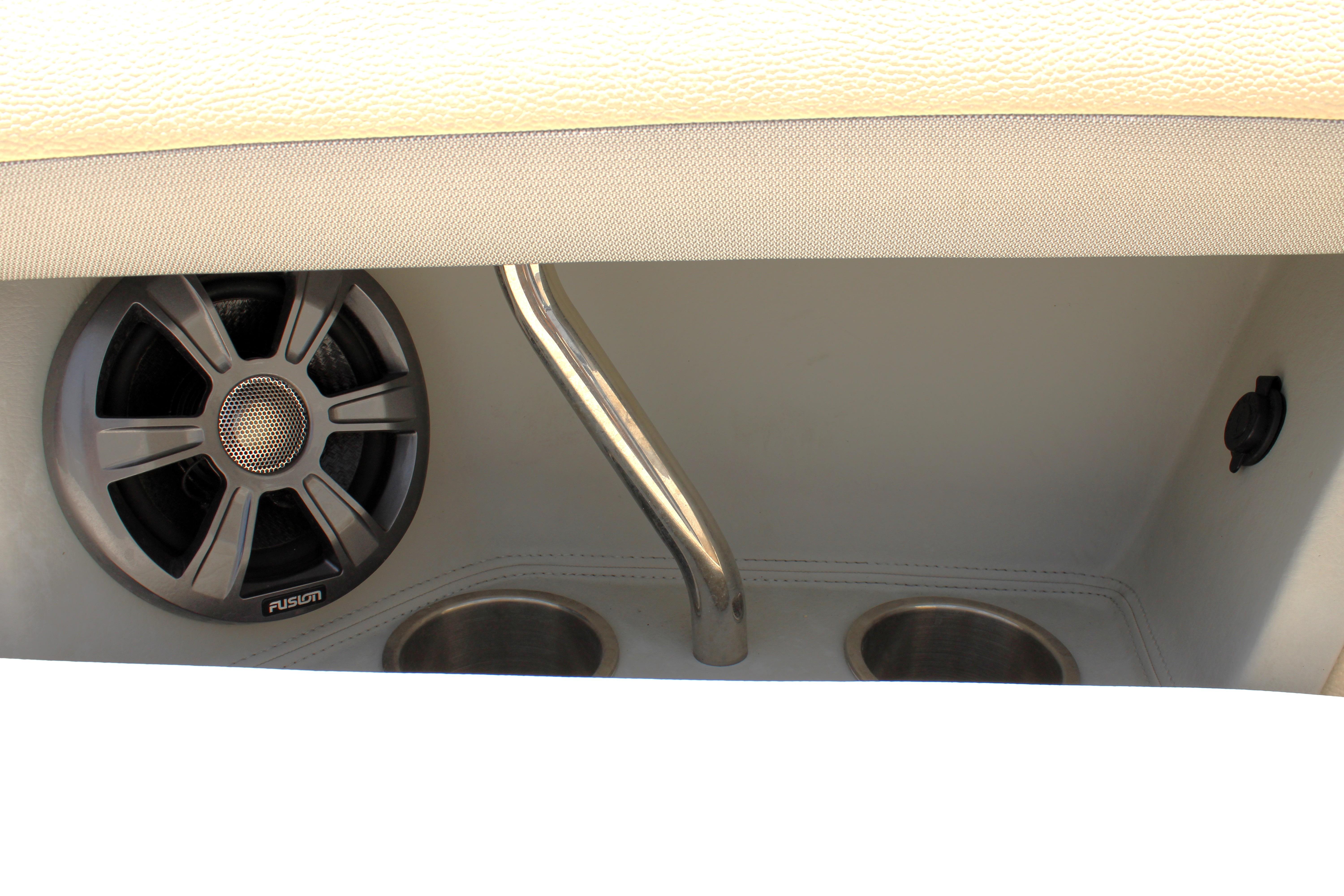 Speaker and cup holders in 2021 Regal 26 OBX boat interior.