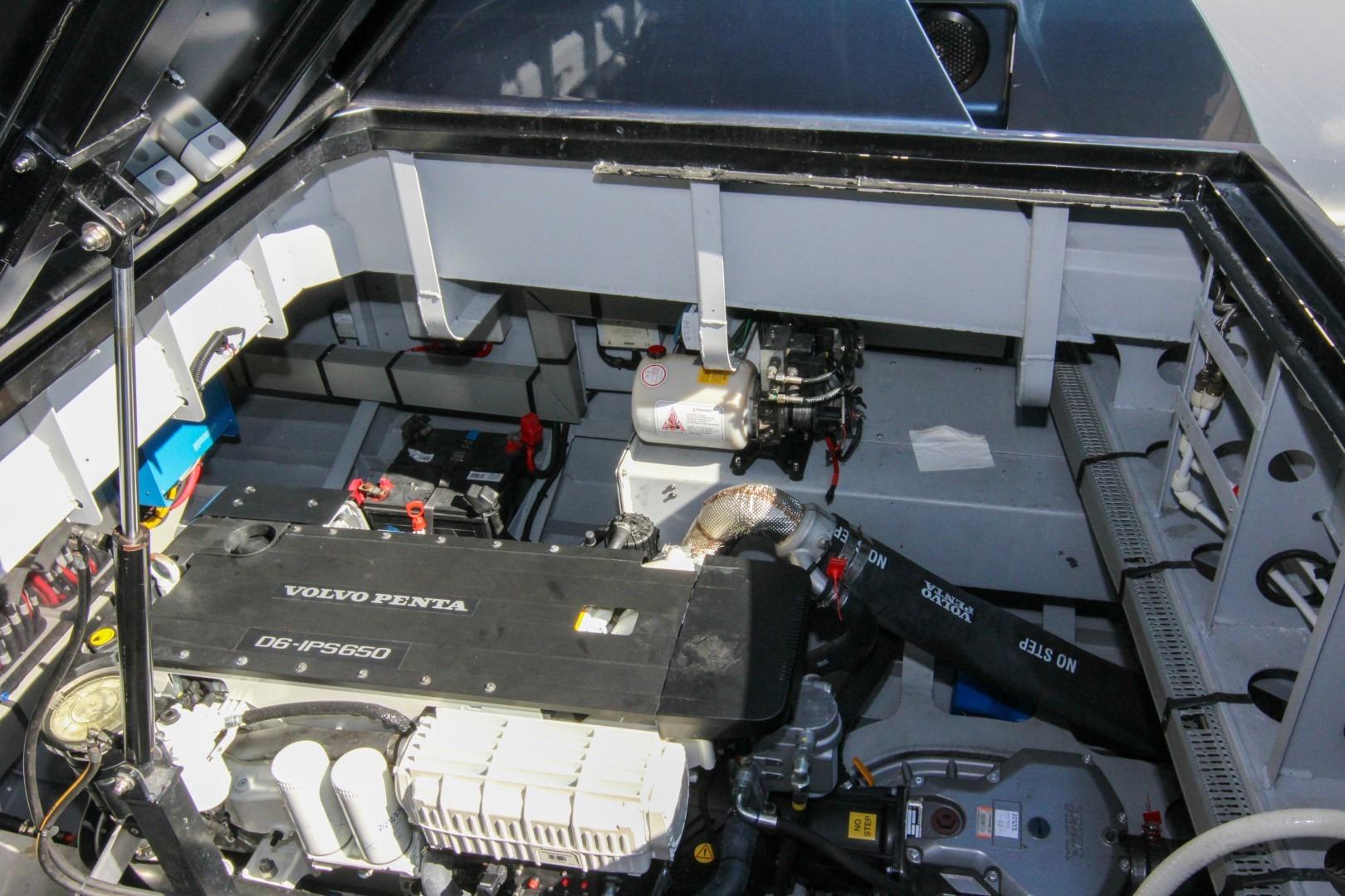 Engine compartment of 2022 Vanquish Yachts VQ45 with Volvo Penta D6-IPS650 engine.