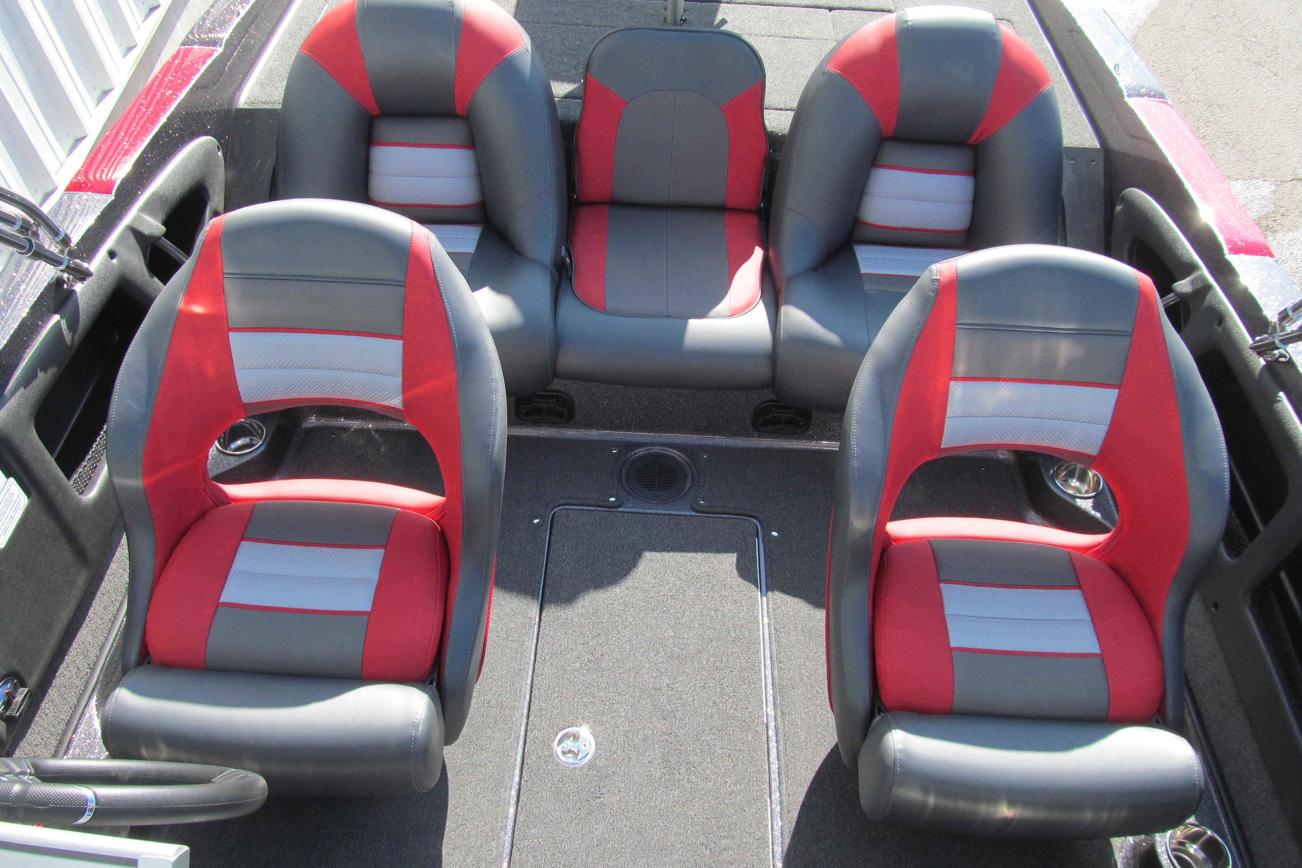 2026 Ranger 212LS boat interior with red and gray seating arrangement.