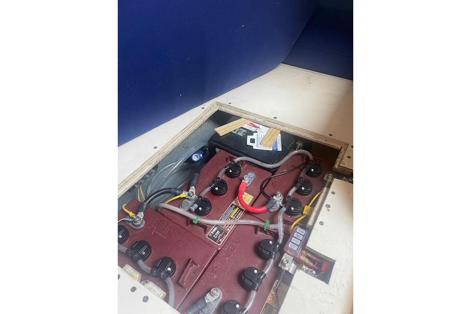 Battery compartment of a 1978 Hinterhoeller Niagara 35 Classic sailboat.