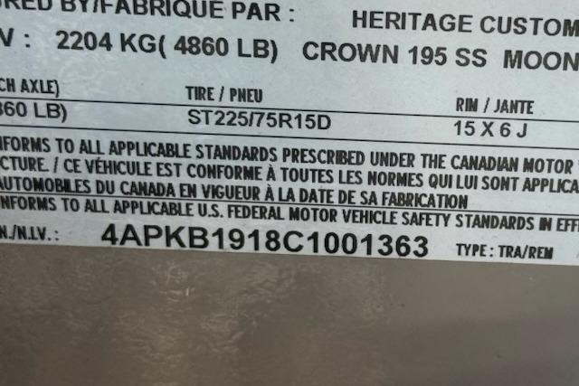 Label displaying vehicle specifications and compliance details for a 2012 Crown 195 SS.