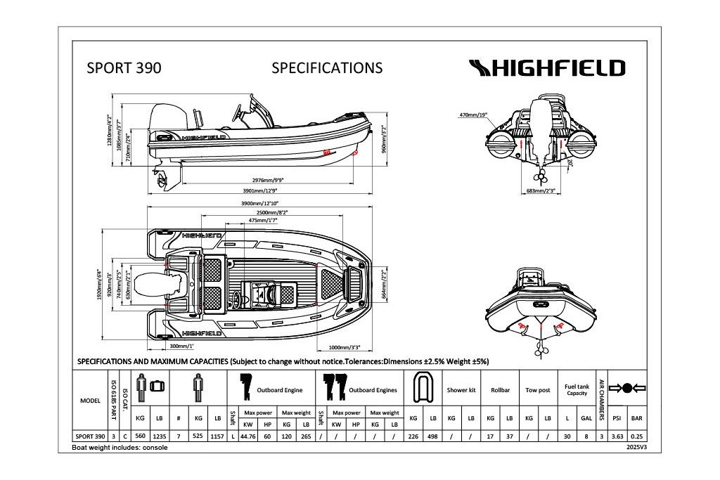 Blueprint of 2025 Highfield Sport 390 boat with detailed specifications and dimensions.