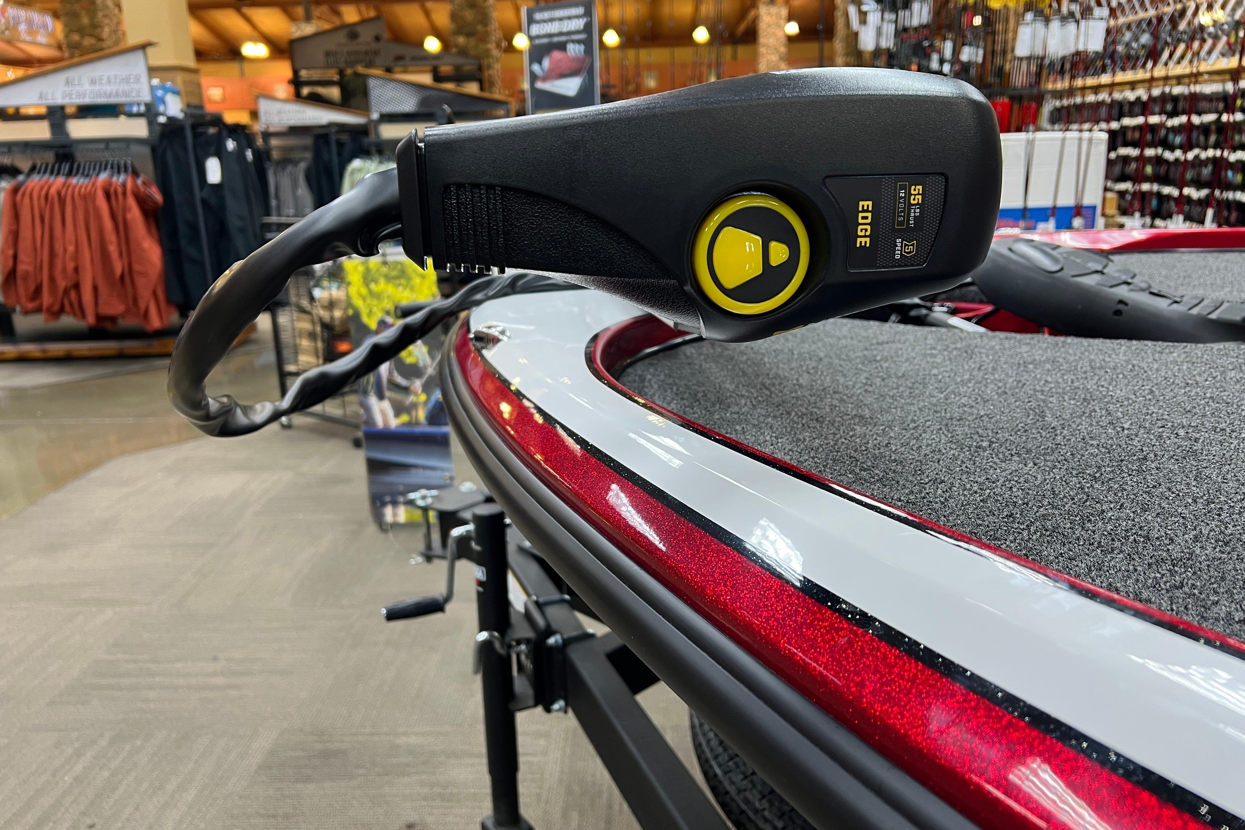 Close-up of a Nitro Z17 2026 boat with trolling motor in a showroom.