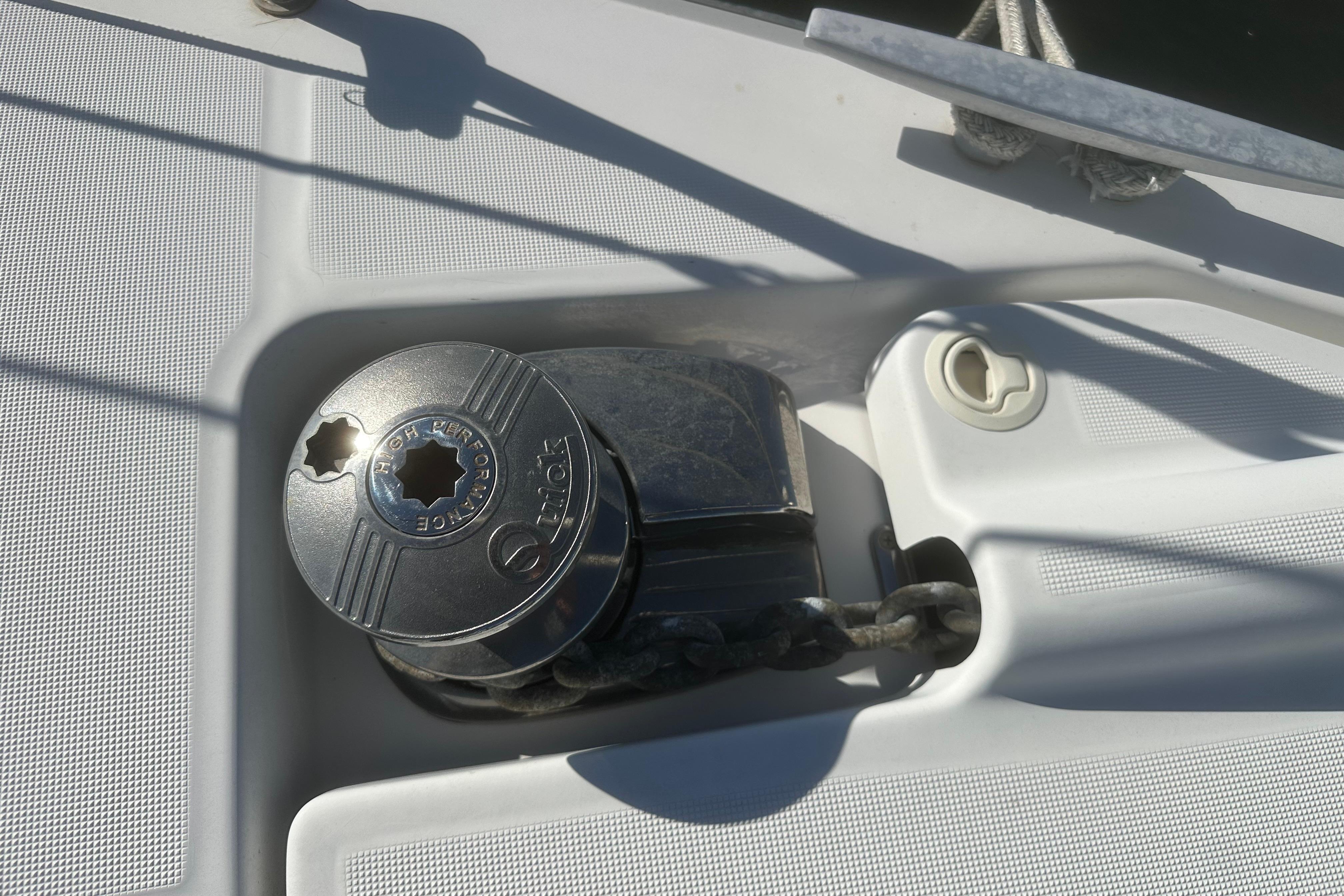 Anchor windlass on 2015 Beneteau Oceanis 37 sailboat deck.