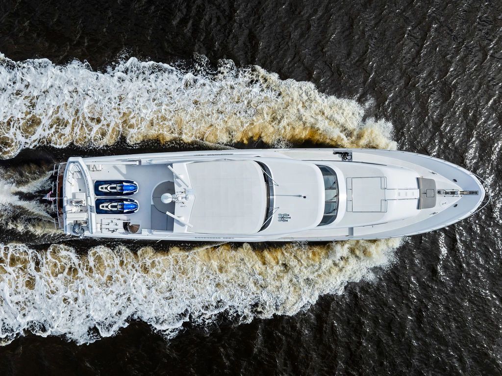 Aerial view of a 1999 Westport 112 yacht on the water.