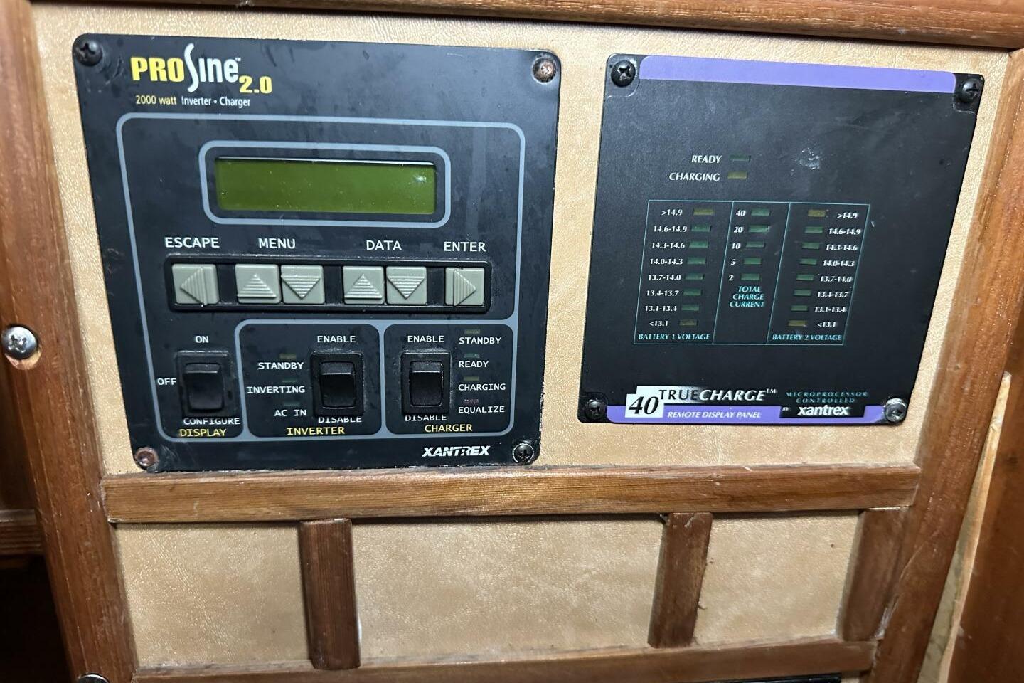 Control panel of a Xantrex ProSine 2.0 inverter and TrueCharge charger, Hughes 3910, 1979.